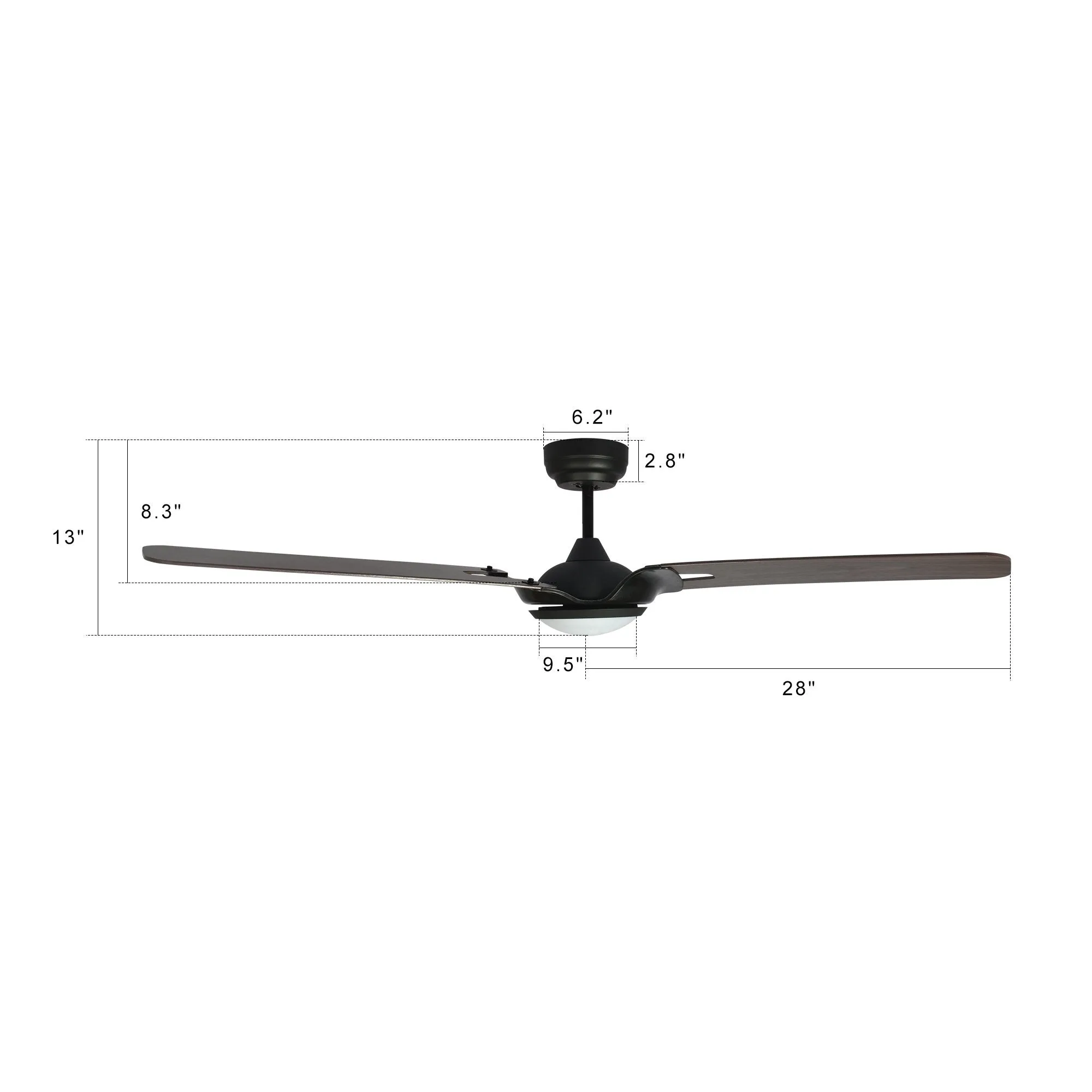 HOFFEN 56 inch 3-Blade Smart Ceiling Fan with LED Light Kit & Remote - Black/Dark Wood Pattern