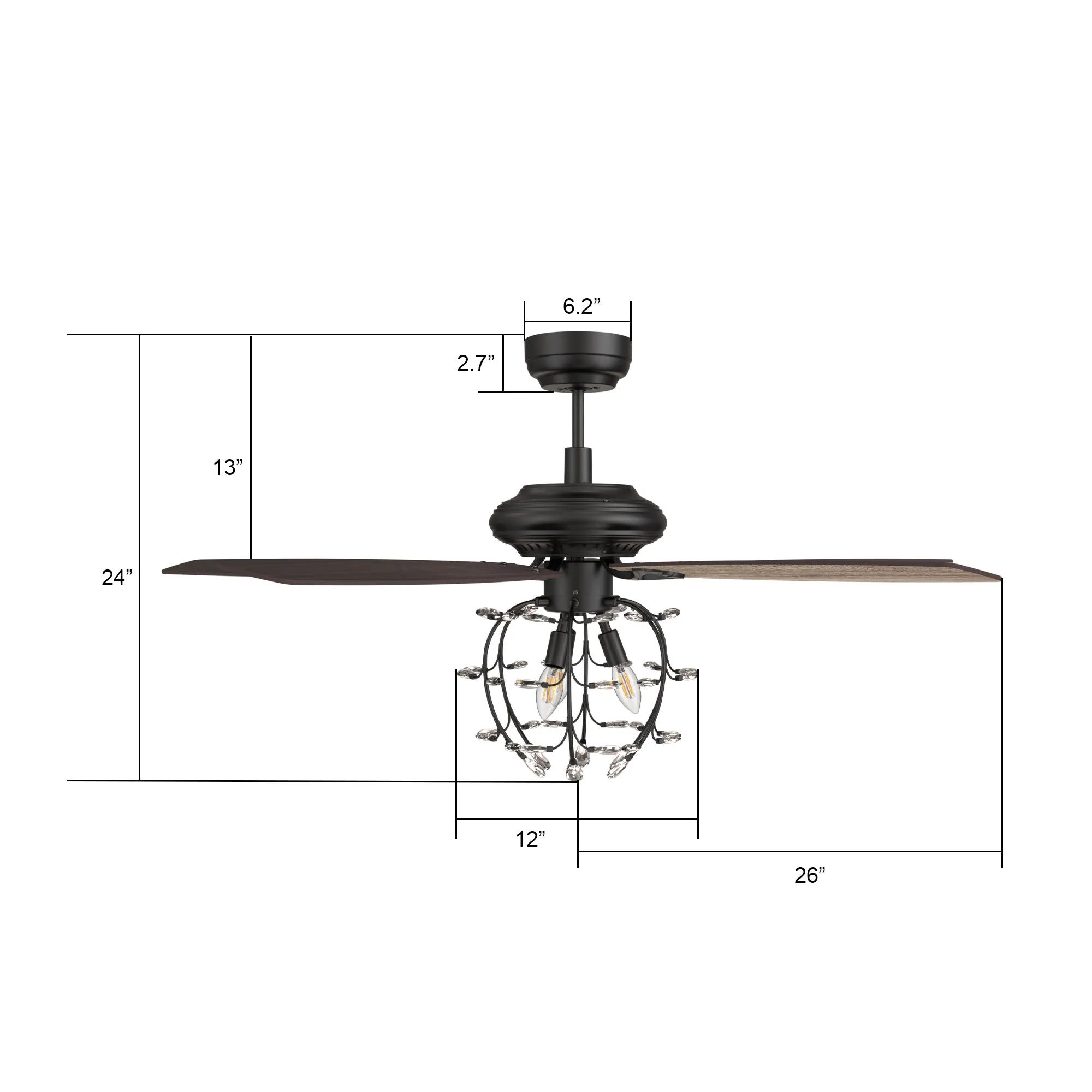 HUNTLEY 52 inch 5-Blade Crystal Candelabra Ceiling Fan with Light & Remote Control - Black/Light Wood & Walnut (Reversible Blades)