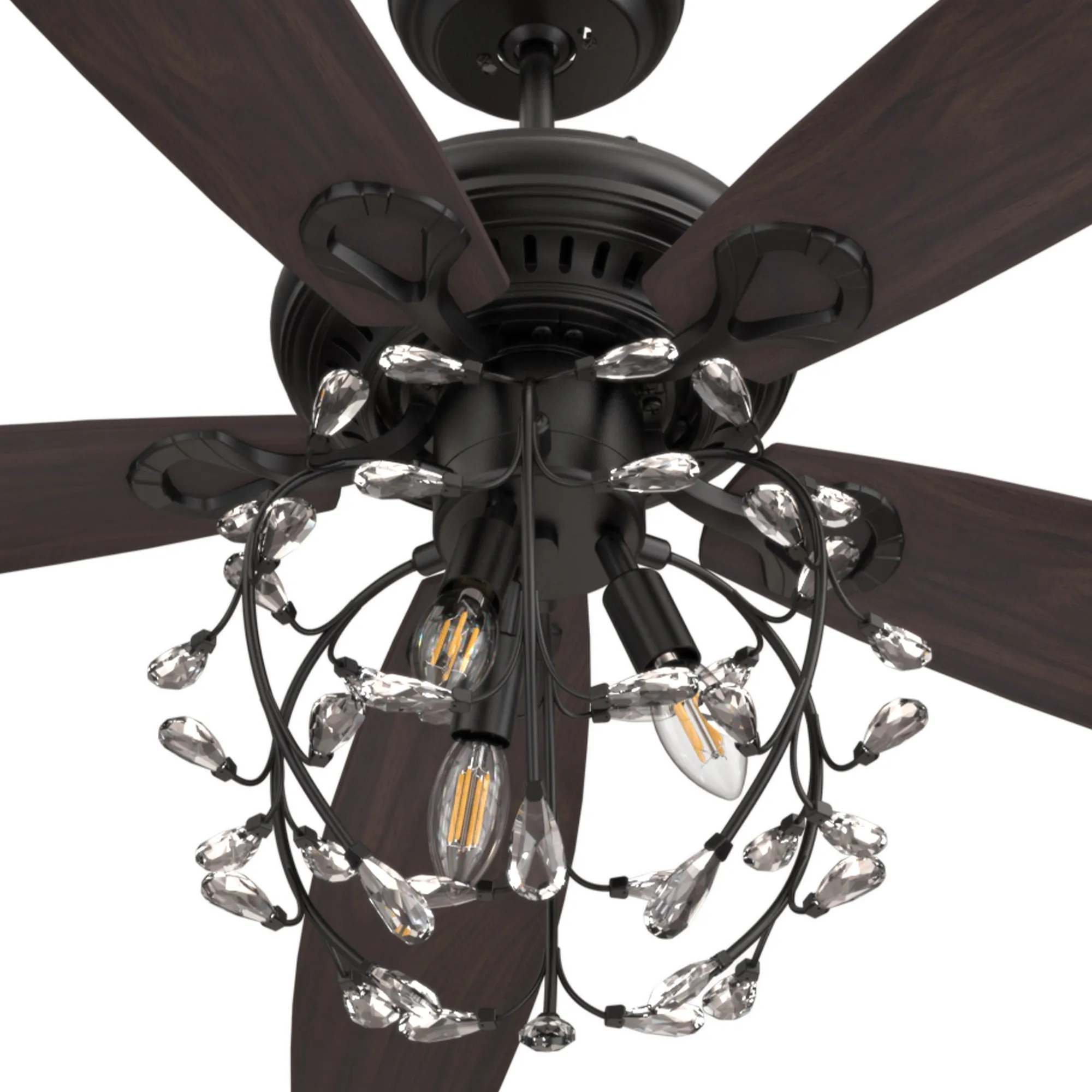 HUNTLEY 52 inch 5-Blade Crystal Candelabra Ceiling Fan with Light & Remote Control - Black/Light Wood & Walnut (Reversible Blades)