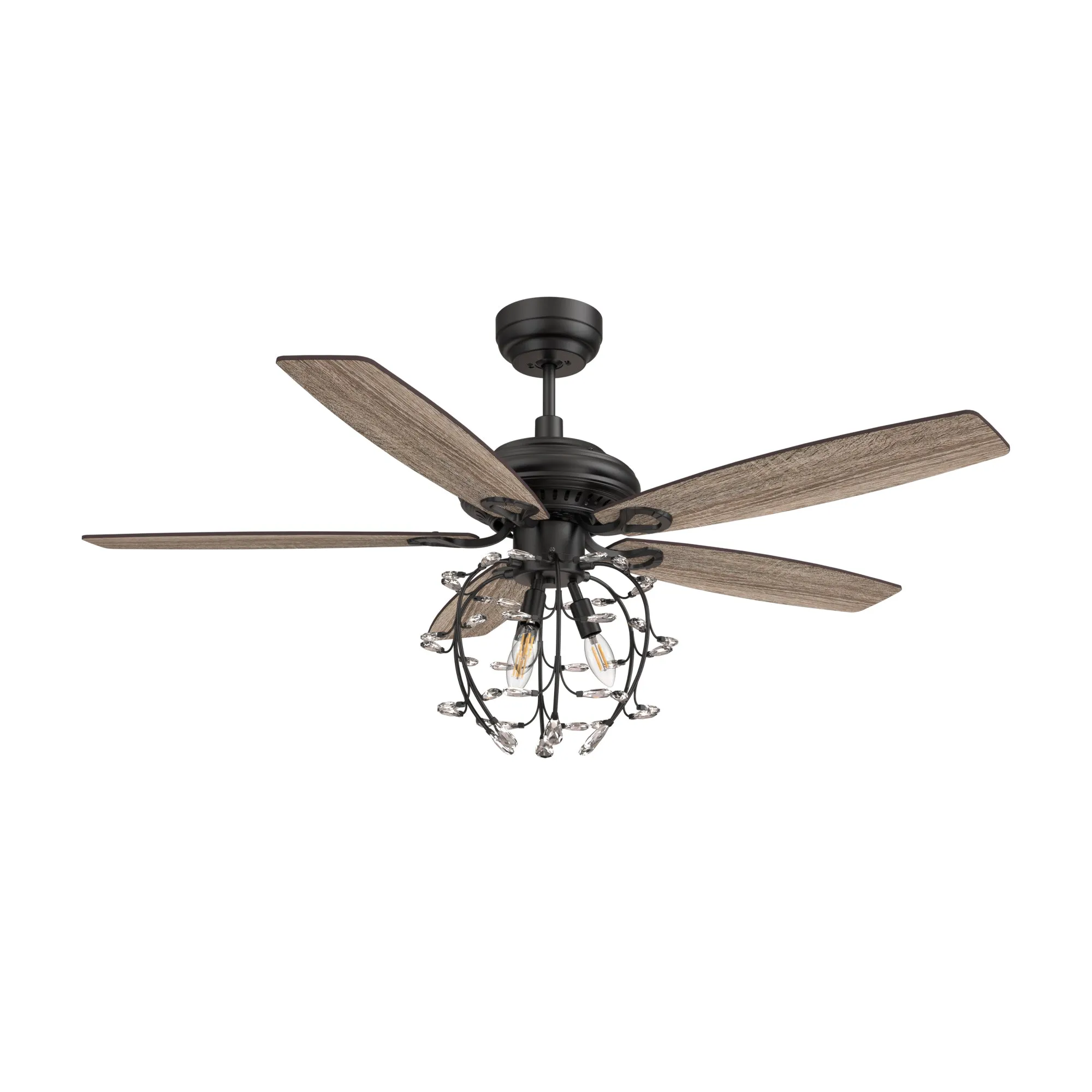 HUNTLEY 52 inch 5-Blade Crystal Candelabra Ceiling Fan with Light & Remote Control - Black/Light Wood & Walnut (Reversible Blades)