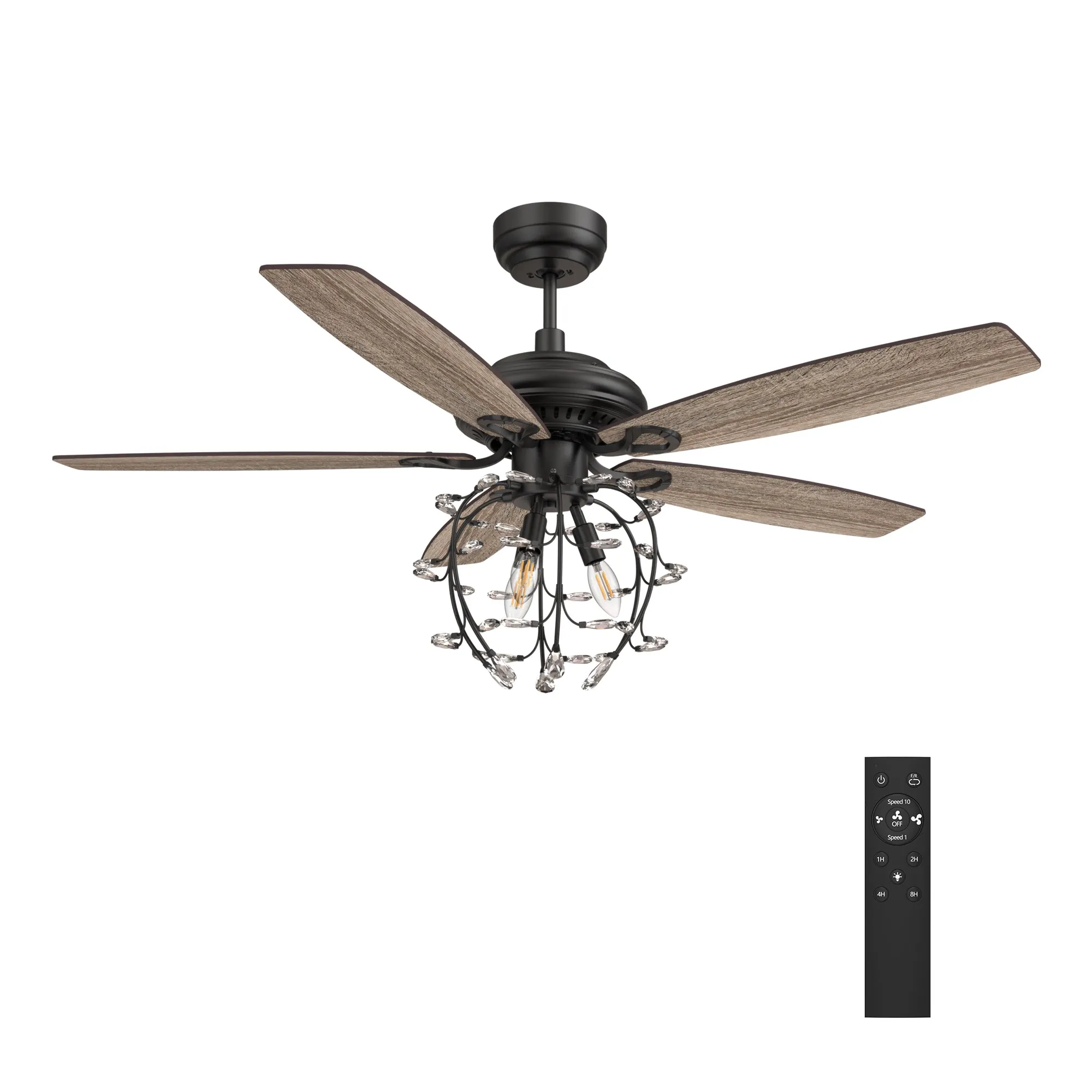 HUNTLEY 52 inch 5-Blade Crystal Candelabra Ceiling Fan with Light & Remote Control - Black/Light Wood & Walnut (Reversible Blades)