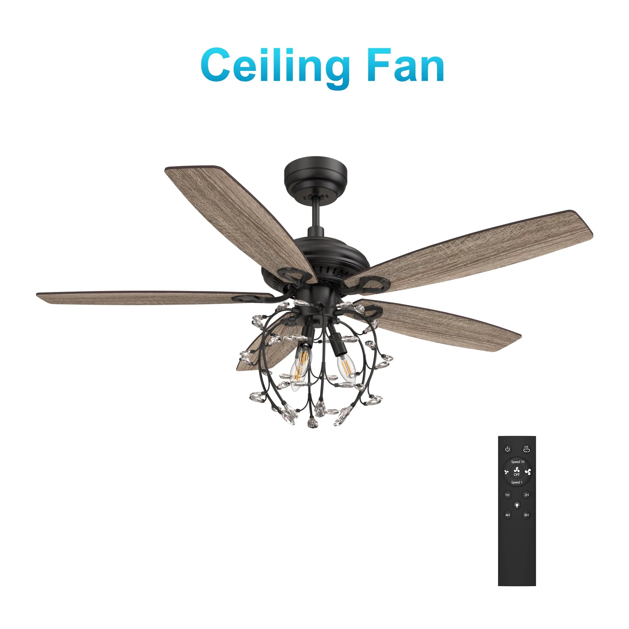 HUNTLEY 52 inch 5-Blade Crystal Candelabra Ceiling Fan with Light & Remote Control - Black/Light Wood & Walnut (Reversible Blades)