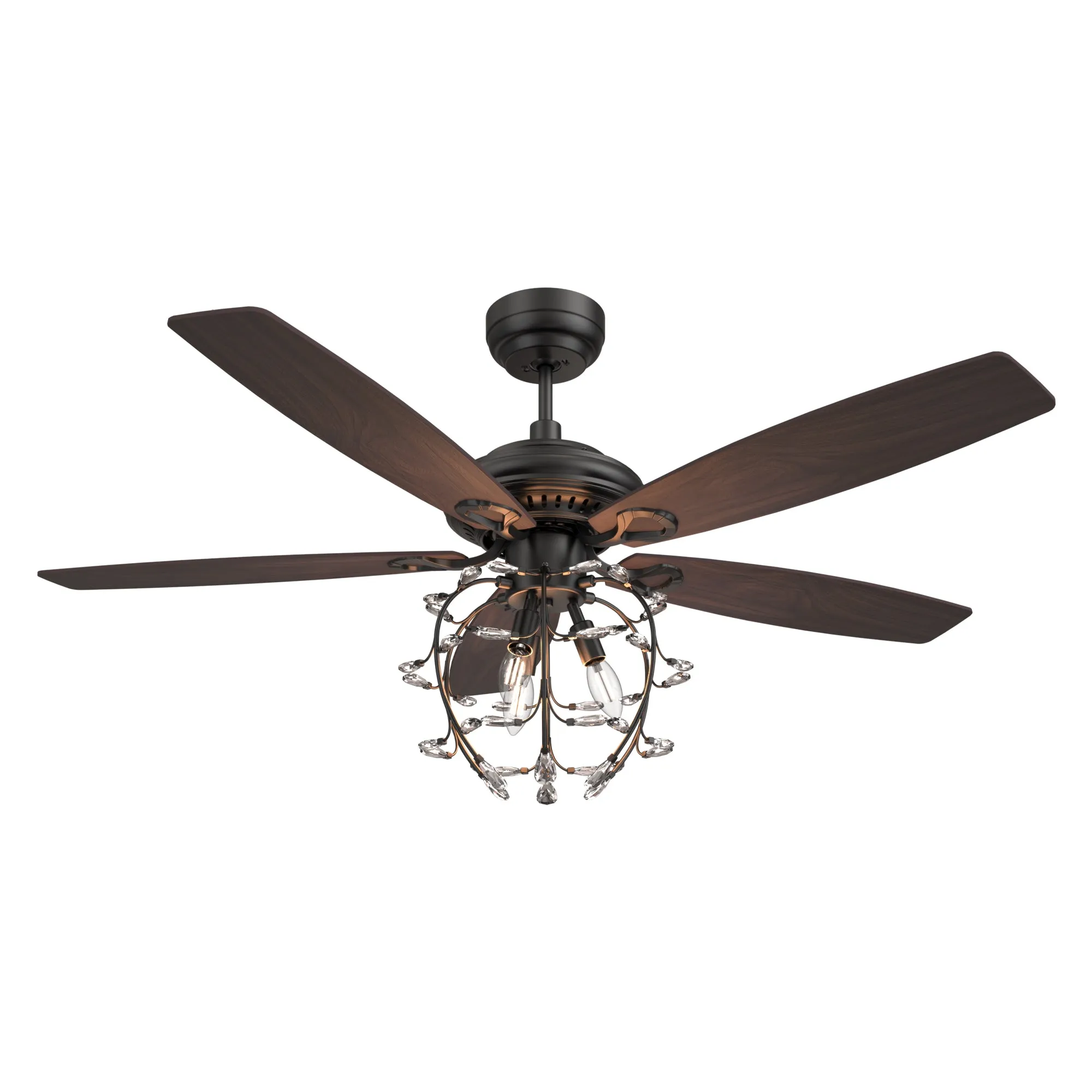 HUNTLEY 52 inch 5-Blade Crystal Candelabra Ceiling Fan with Light & Remote Control - Black/Light Wood & Walnut (Reversible Blades)