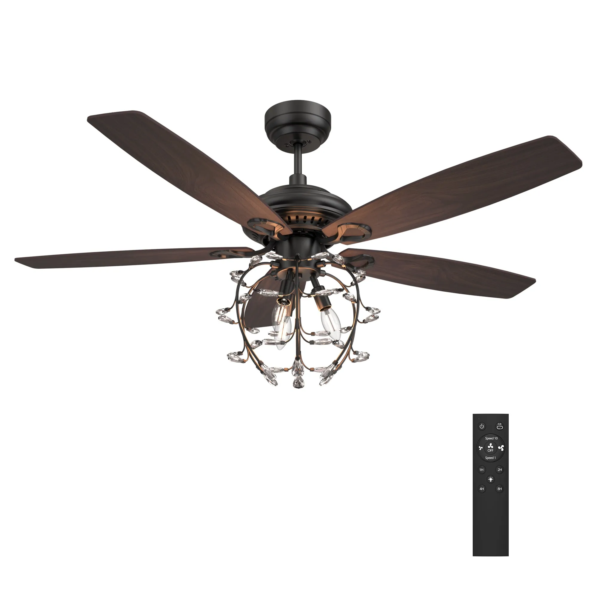 HUNTLEY 52 inch 5-Blade Crystal Candelabra Ceiling Fan with Light & Remote Control - Black/Light Wood & Walnut (Reversible Blades)