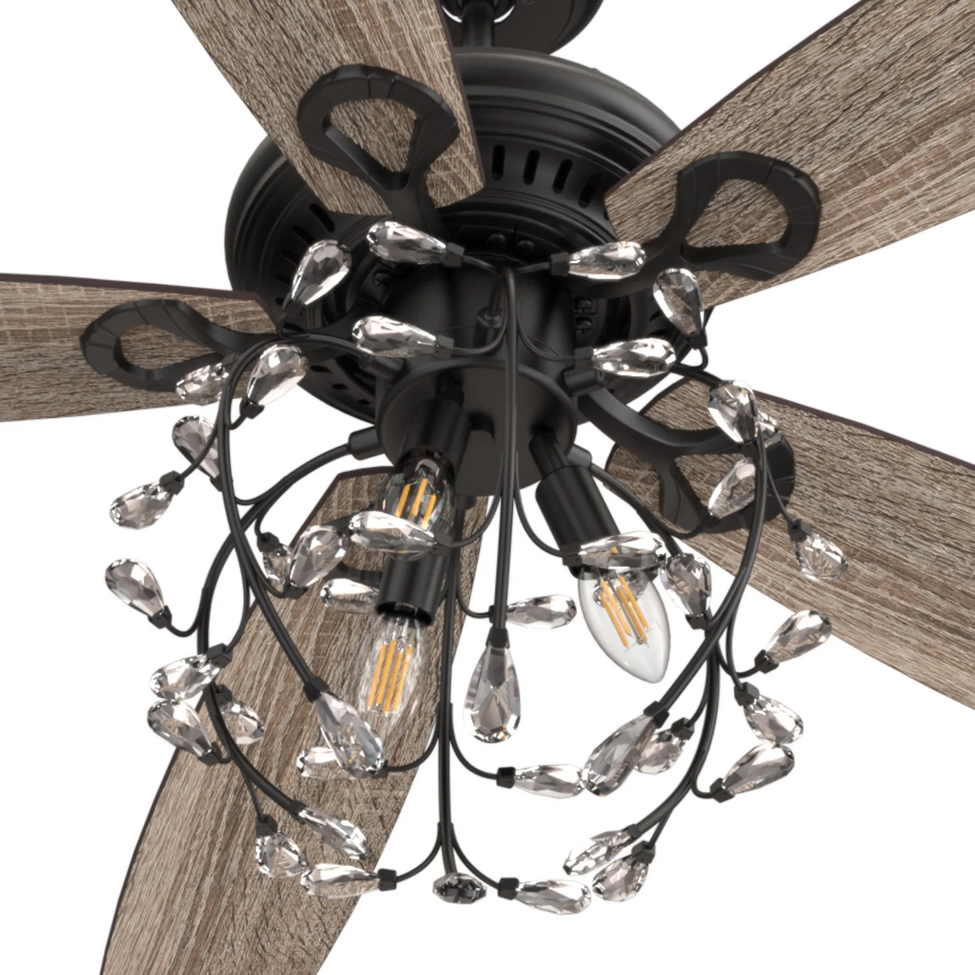 HUNTLEY 52 inch 5-Blade Crystal Candelabra Ceiling Fan with Light & Remote Control - Black/Light Wood & Walnut (Reversible Blades)