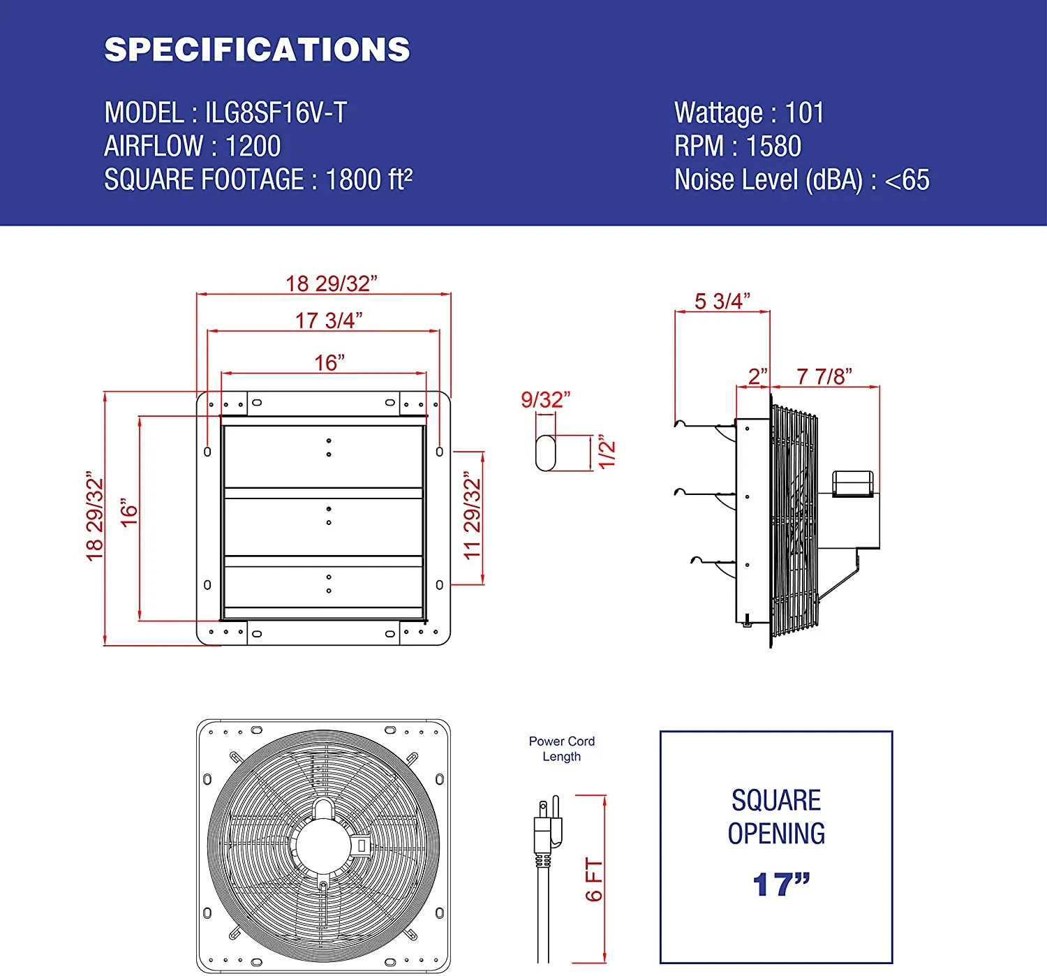 ILG8SF16V-T - iLiving 16 inch Shutter Exhaust Attic Garage Grow Fan, Ventilation fan with 3 Speed Thermostat 6 Foot Long 3 Plugs Cord