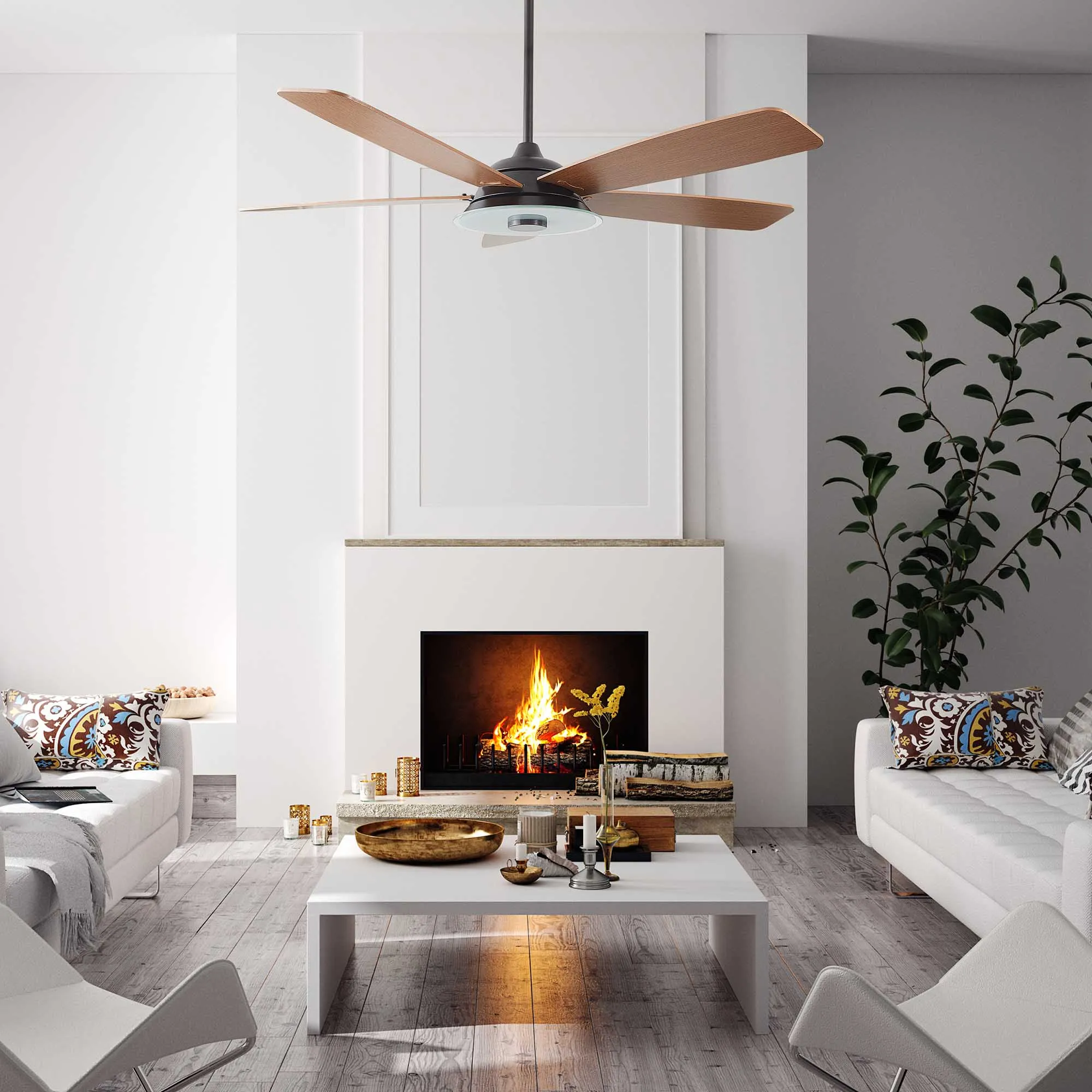 JOURNEY 52 inch 5-Blade Smart Ceiling Fan with LED Light Kit & Remote - Black/Fine Wood Grain