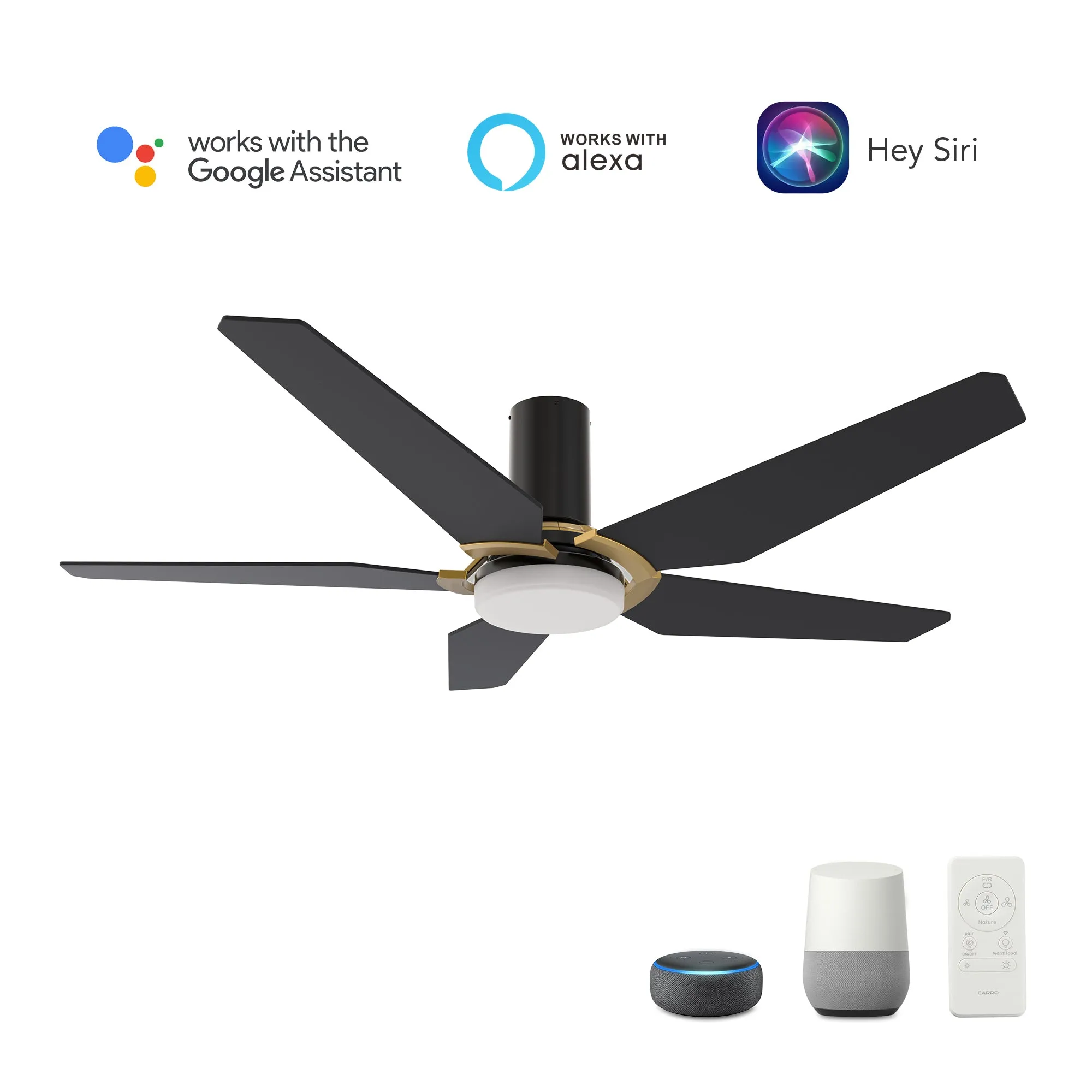 KAJ 48 inch 5-Blade Flush Mount Smart Ceiling Fan with LED Light Kit & Remote - Black/Black (Gold Detail)