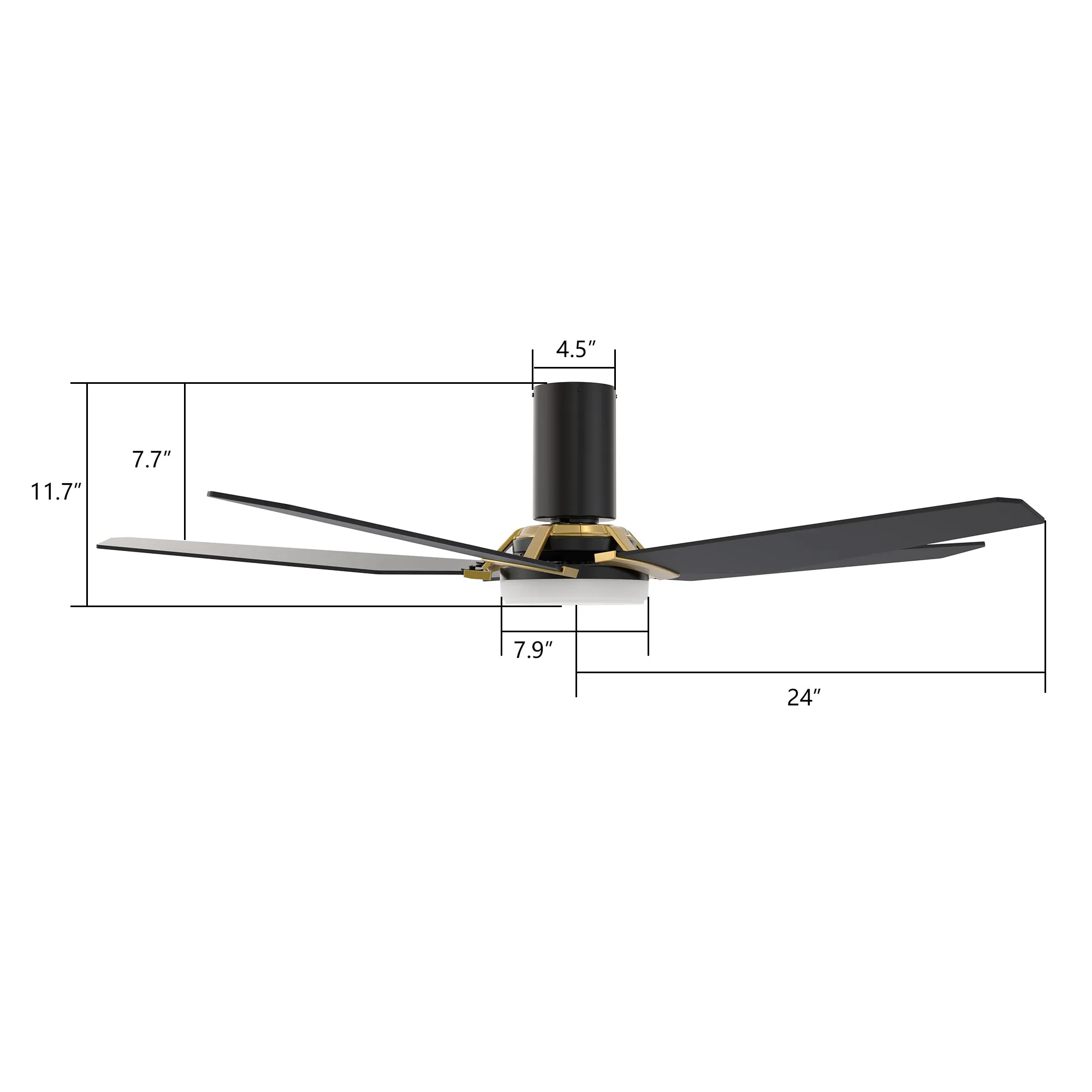 KAJ 48 inch 5-Blade Flush Mount Smart Ceiling Fan with LED Light Kit & Remote - Black/Black (Gold Detail)