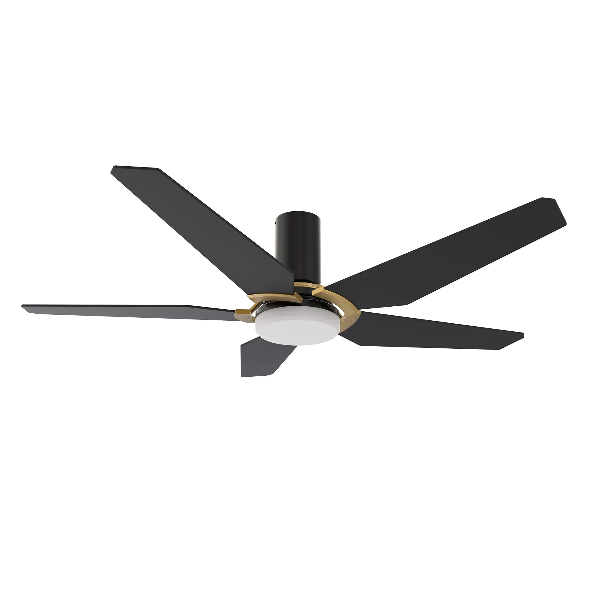 KAJ 48 inch 5-Blade Flush Mount Smart Ceiling Fan with LED Light Kit & Remote - Black/Black (Gold Detail)