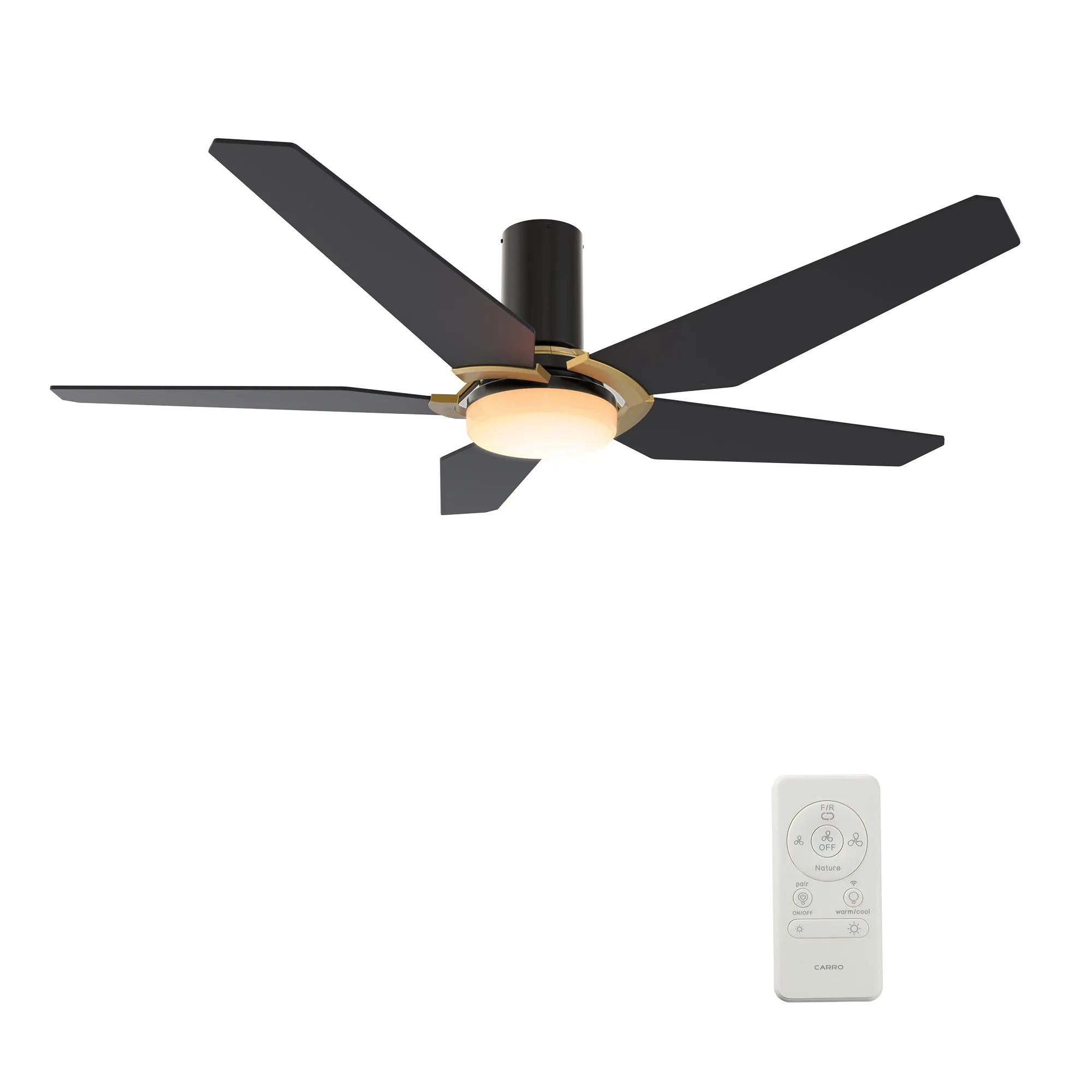 KAJ 48 inch 5-Blade Flush Mount Smart Ceiling Fan with LED Light Kit & Remote - Black/Black (Gold Detail)