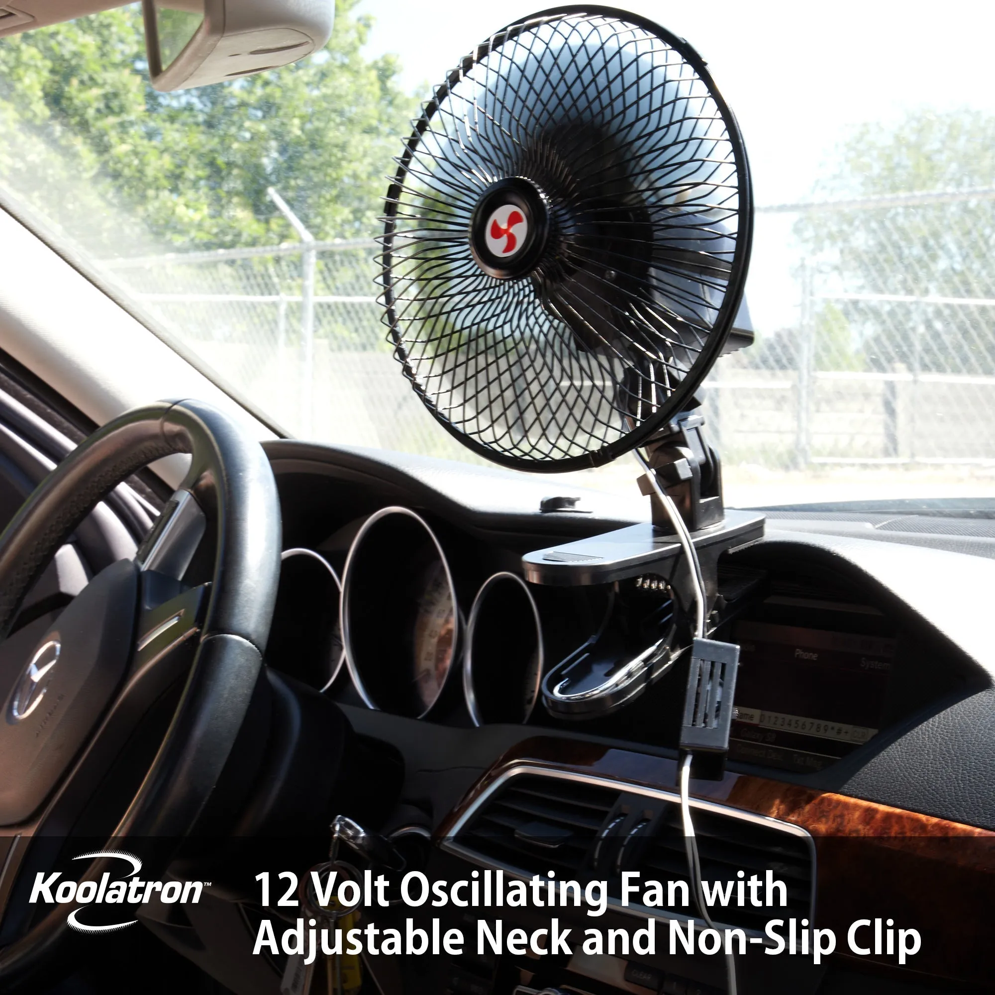 Koolatron 12V Clip-On Oscillating Fan, 2 Speeds, Two-Way Adjustable Neck, Heavy-Duty Non-Slip Clamp, 4 Ft (1.2 m) Power Cord, Black, Efficient Air Circulation for Car, SUV, Truck, RV, Boat, Black