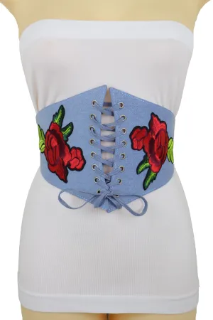 Light Blue Denim High Waist Corset Stretch Belt Red Rose Flowers Size S M