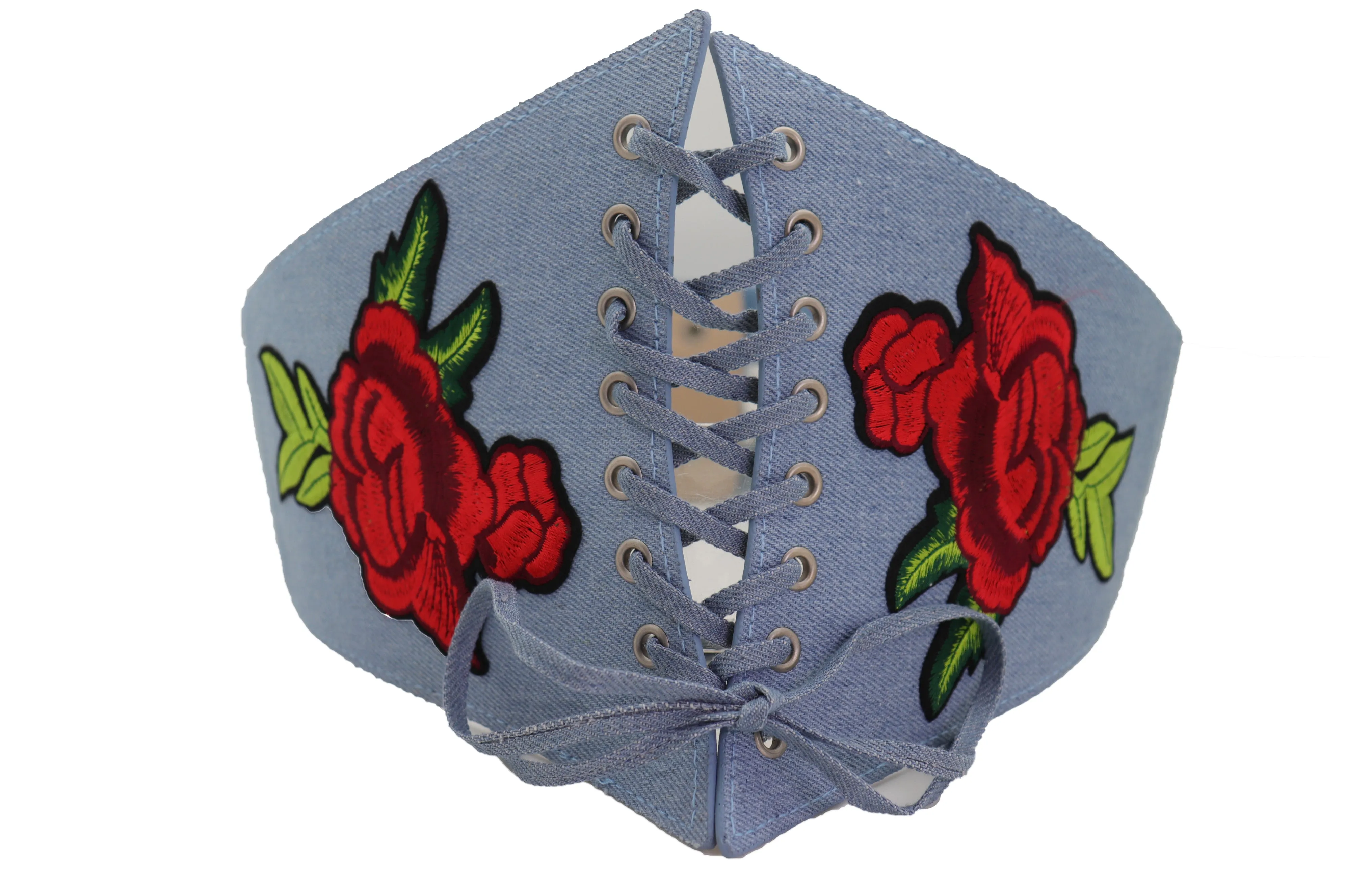 Light Blue Denim High Waist Corset Stretch Belt Red Rose Flowers Size S M