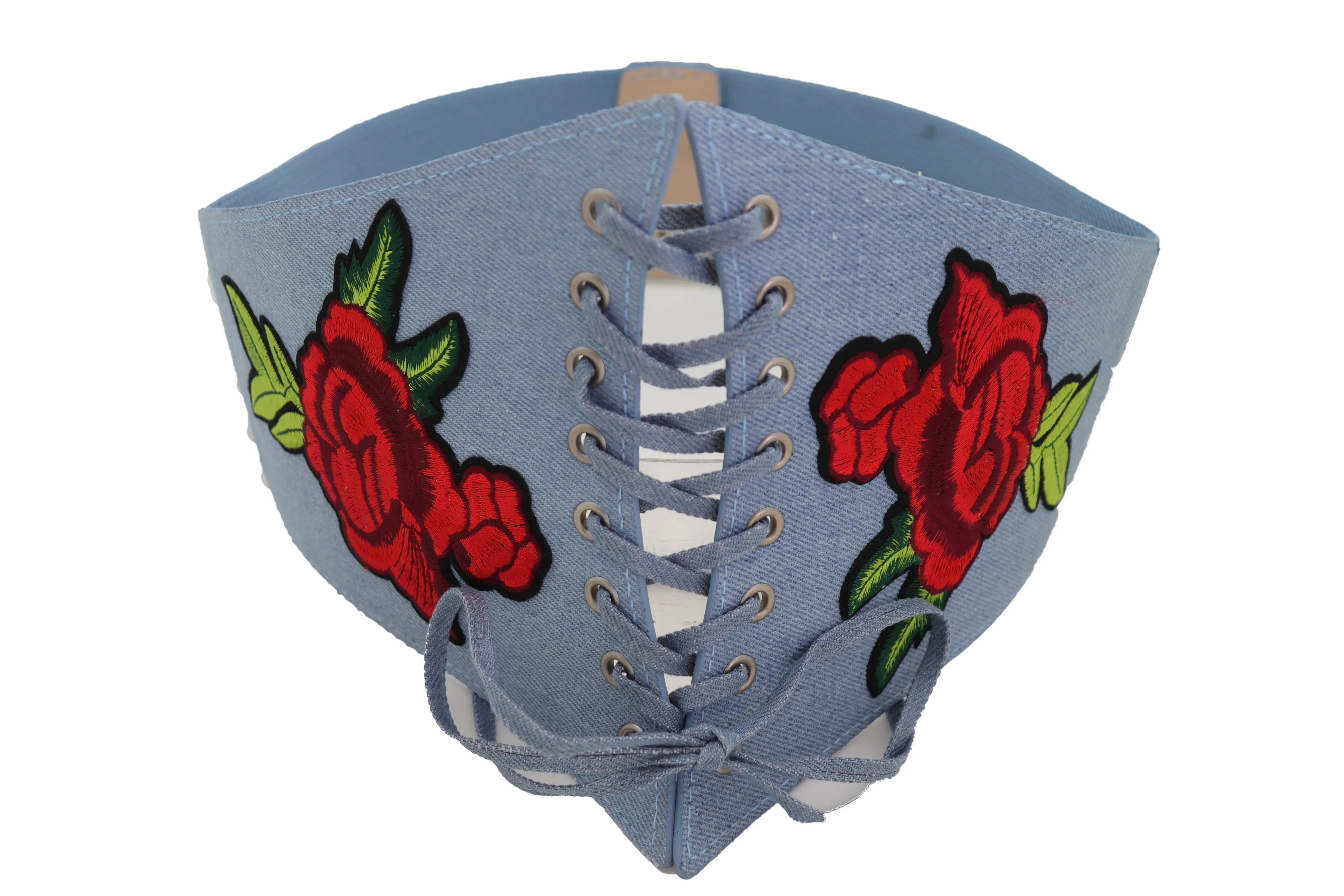 Light Blue Denim High Waist Corset Stretch Belt Red Rose Flowers Size S M