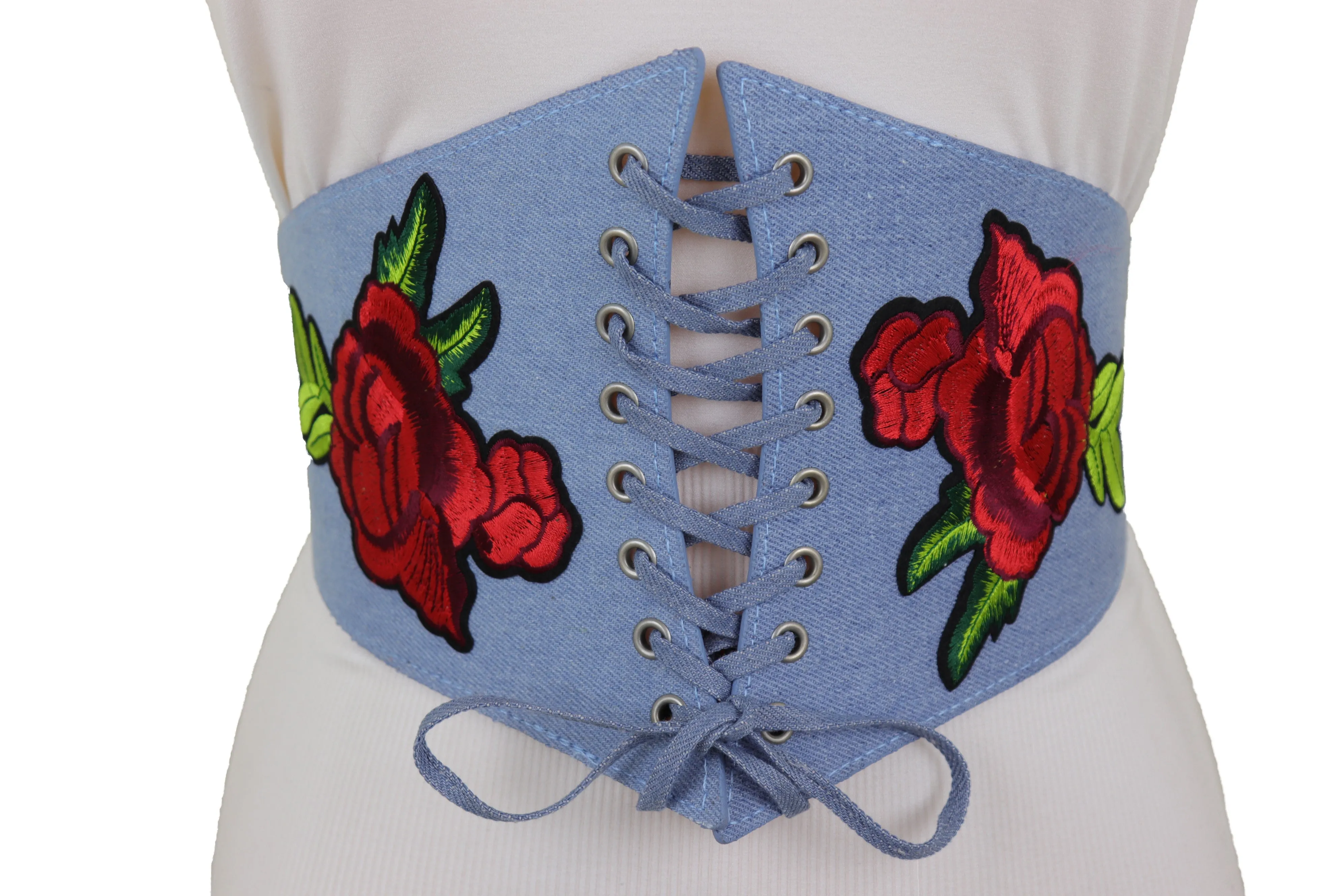 Light Blue Denim High Waist Corset Stretch Belt Red Rose Flowers Size S M