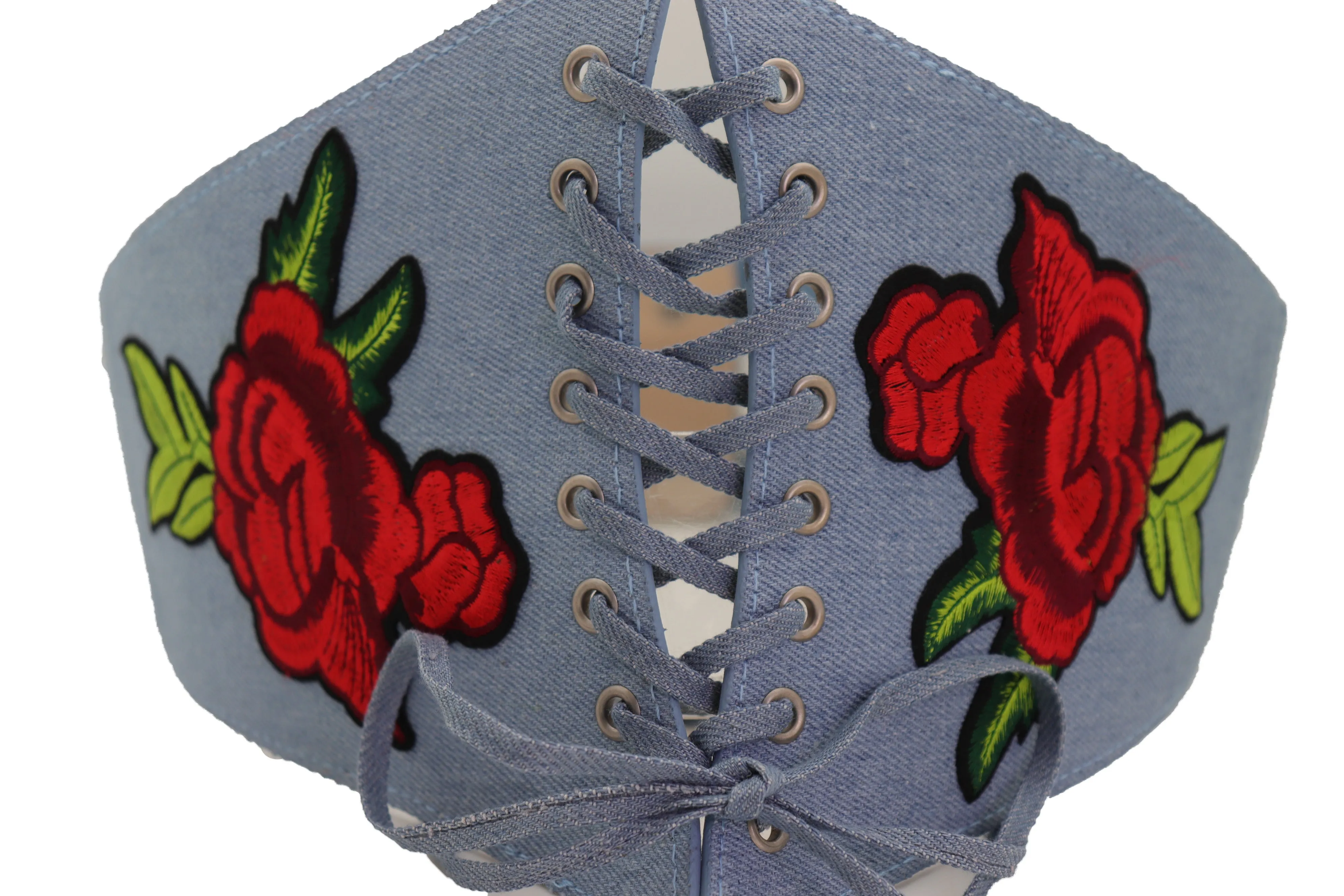 Light Blue Denim High Waist Corset Stretch Belt Red Rose Flowers Size S M