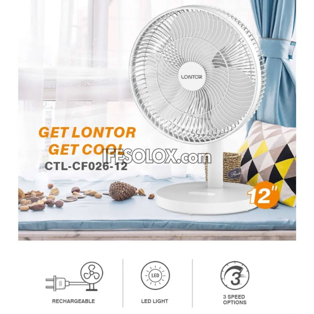 LONTOR 12" Rechargeable Standing Table Fan with 3-Blades (CTL-CF026-12) - Brand New