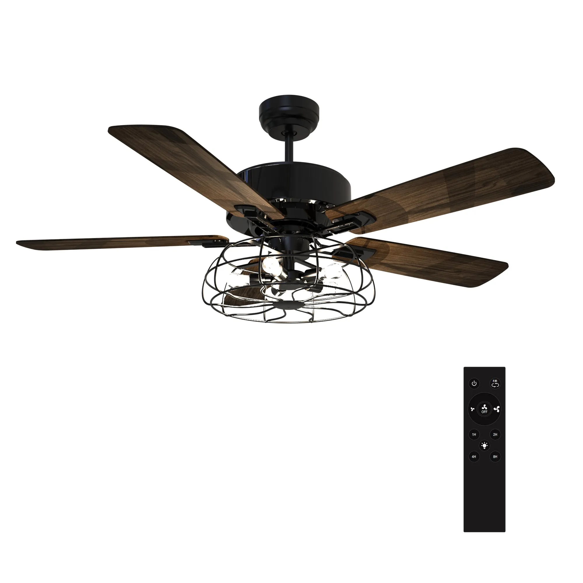 MAVERICK 52 inch 5-Blade Industrial Style Ceiling Fan with Light & Remote Control - Black/Walnut Wood