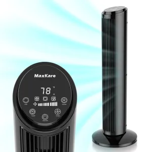 MaxKare 30" Tower Fan with Touch Screen & Remote Control, 42dB Quiet Cooling Bladeless Fan with 65°Oscillating, 3 Speeds, 2 Wind Modes, 15H Timer, Screen Light Auto Off, Black