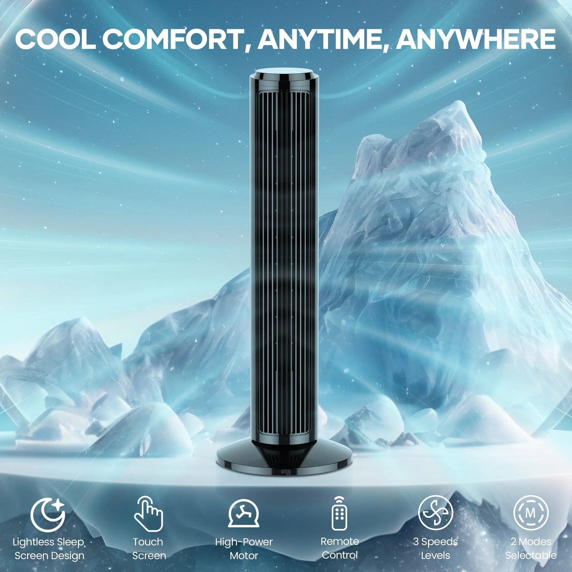 MaxKare 30" Tower Fan with Touch Screen & Remote Control, 42dB Quiet Cooling Bladeless Fan with 65°Oscillating, 3 Speeds, 2 Wind Modes, 15H Timer, Screen Light Auto Off, Black