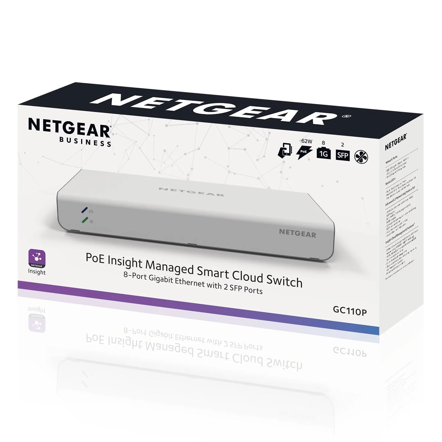 NETGEAR 8 Port Gigabit Ethernet 62W PoE L2  Smart Switch with Insight Remote Management, 2 Port SFP Fiber (GC110P)