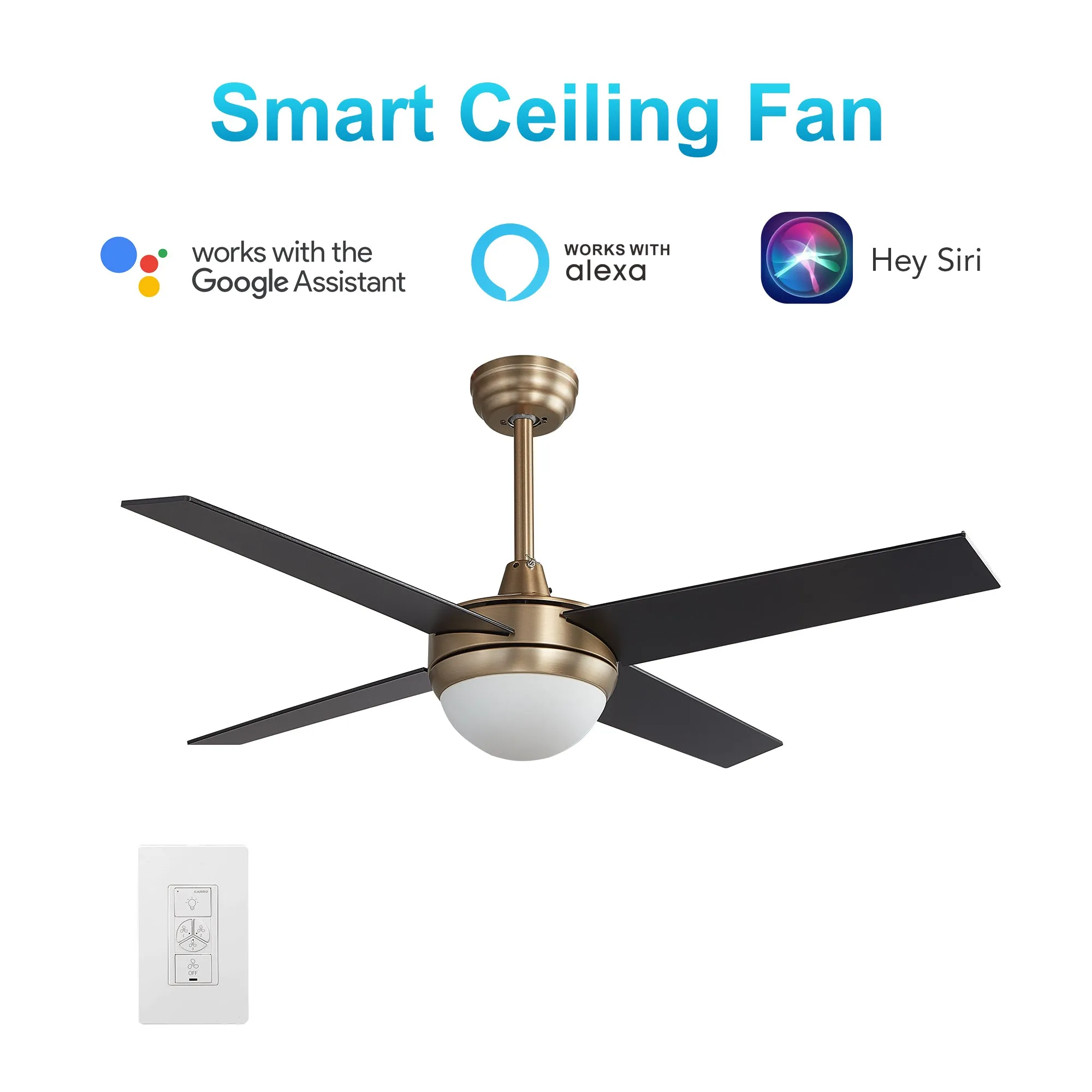 NEVA 52 inch 4-Blade Smart Ceiling Fan with LED Light Kit & Smart Wall Switch - Gold/Black