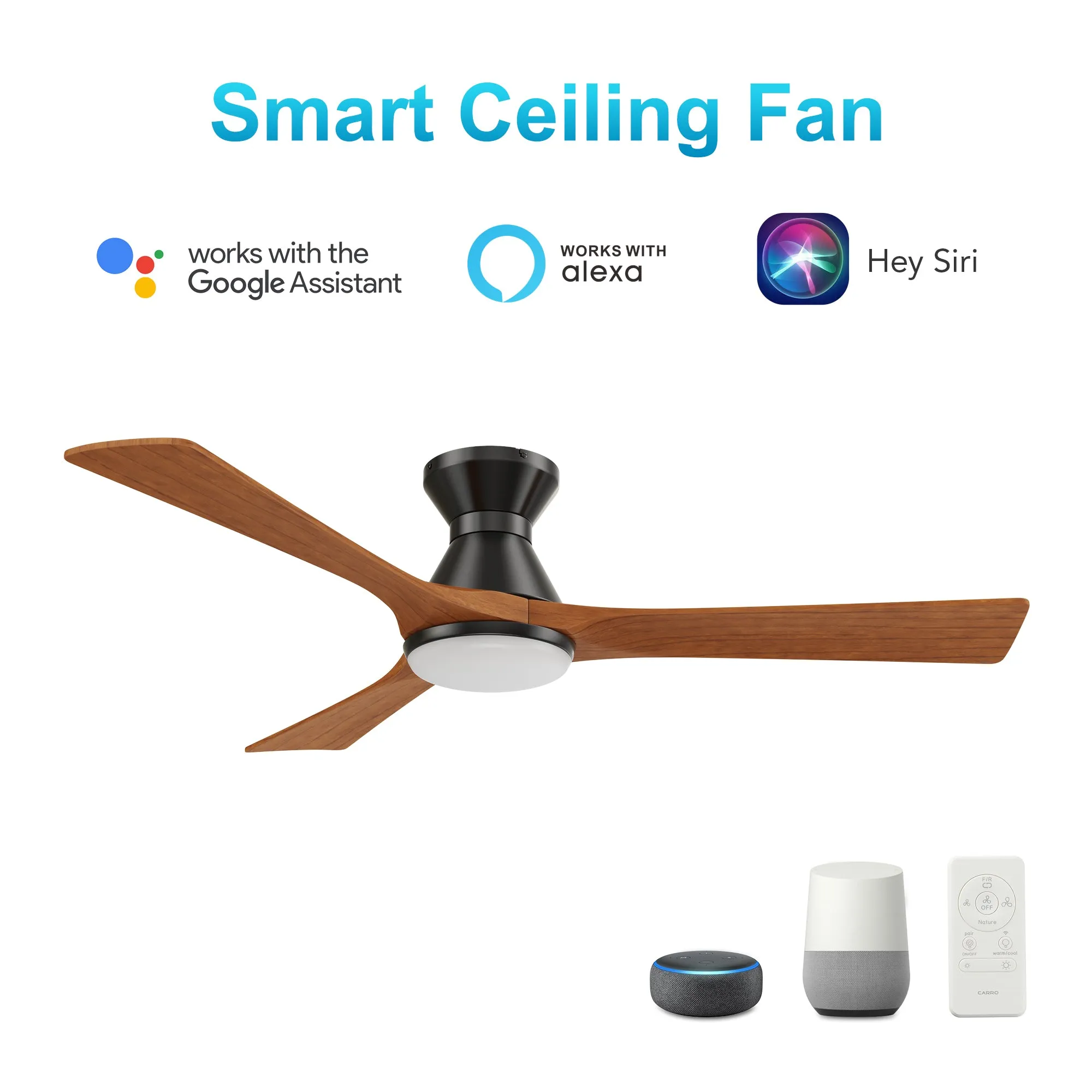 NICOLET 52 inch 3-Blade Flush Mount Smart Ceiling Fan with LED Light Kit & Remote- Black/Antique Walnut