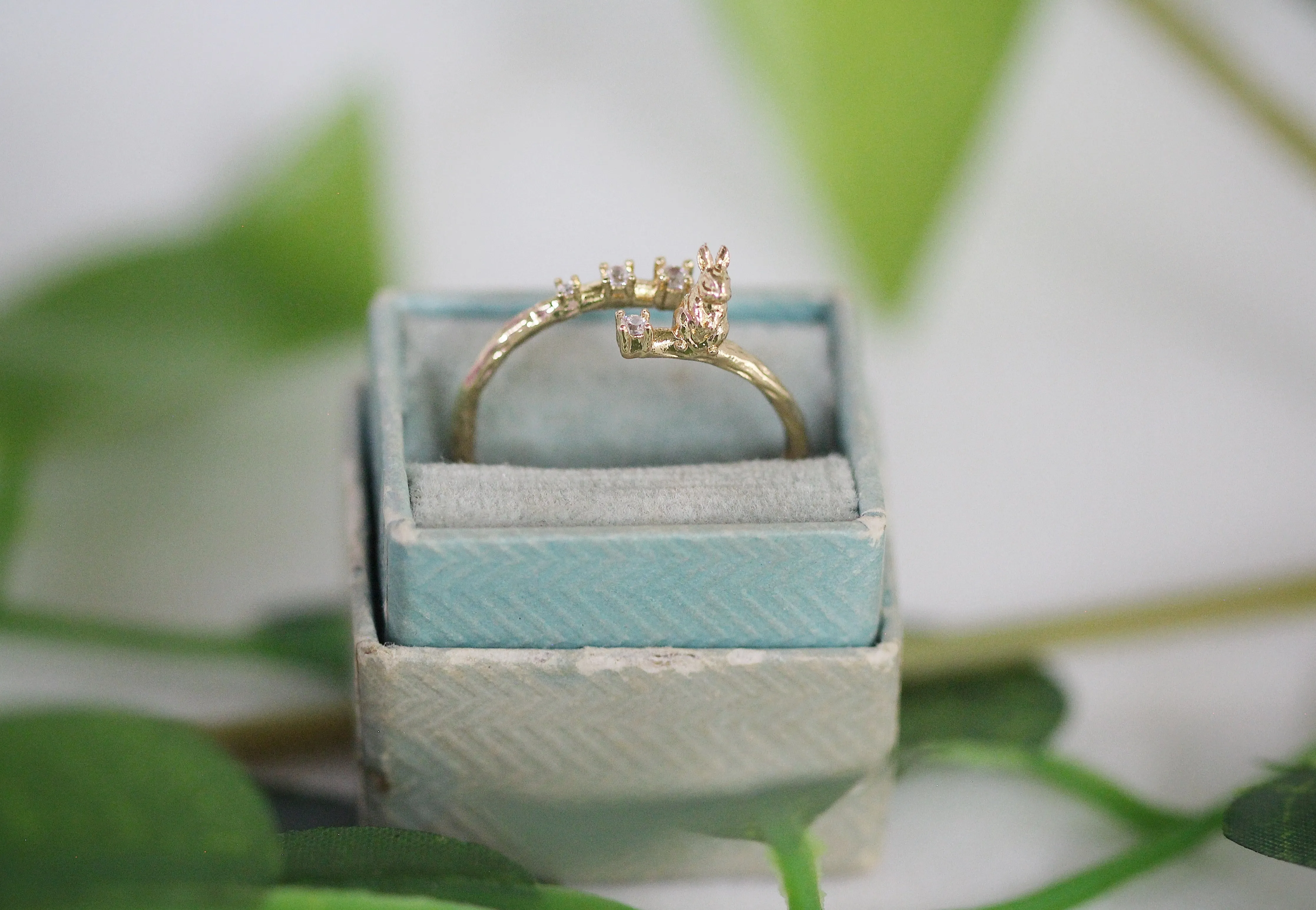 Rabbit Sitting on a Branch w/ Crystals Ring