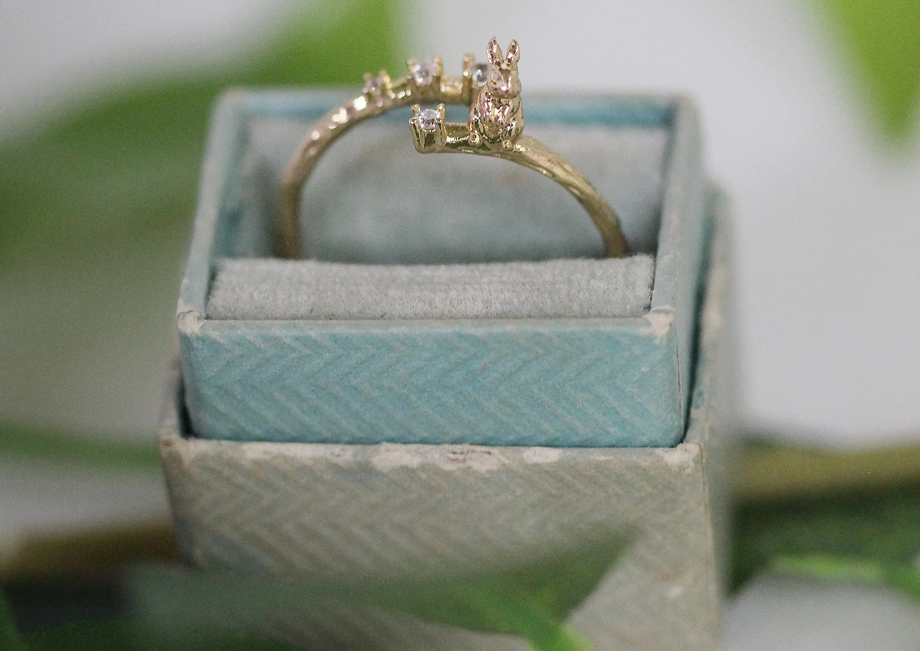 Rabbit Sitting on a Branch w/ Crystals Ring