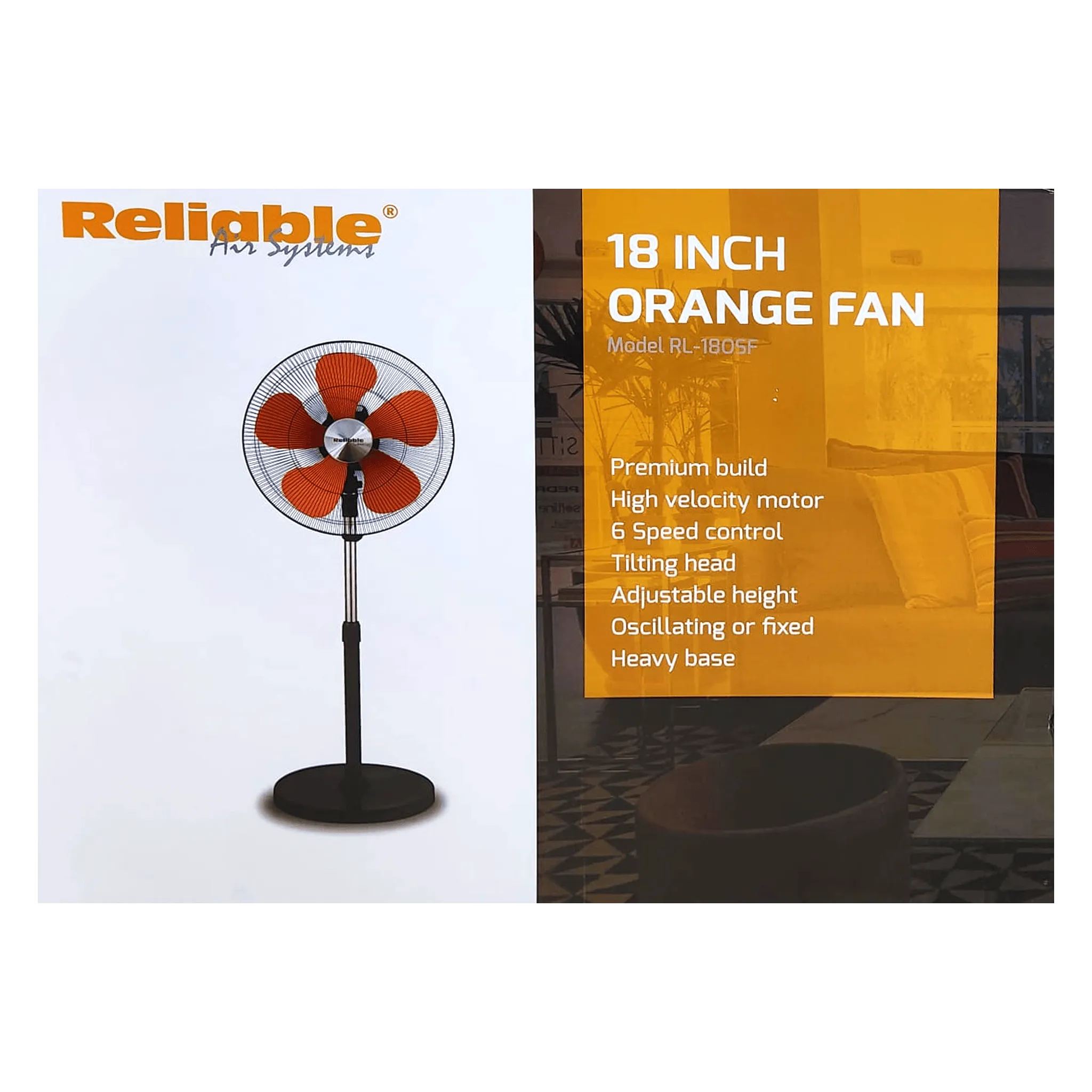 Reliable Air Systems Pedestal Orange Fan 18"