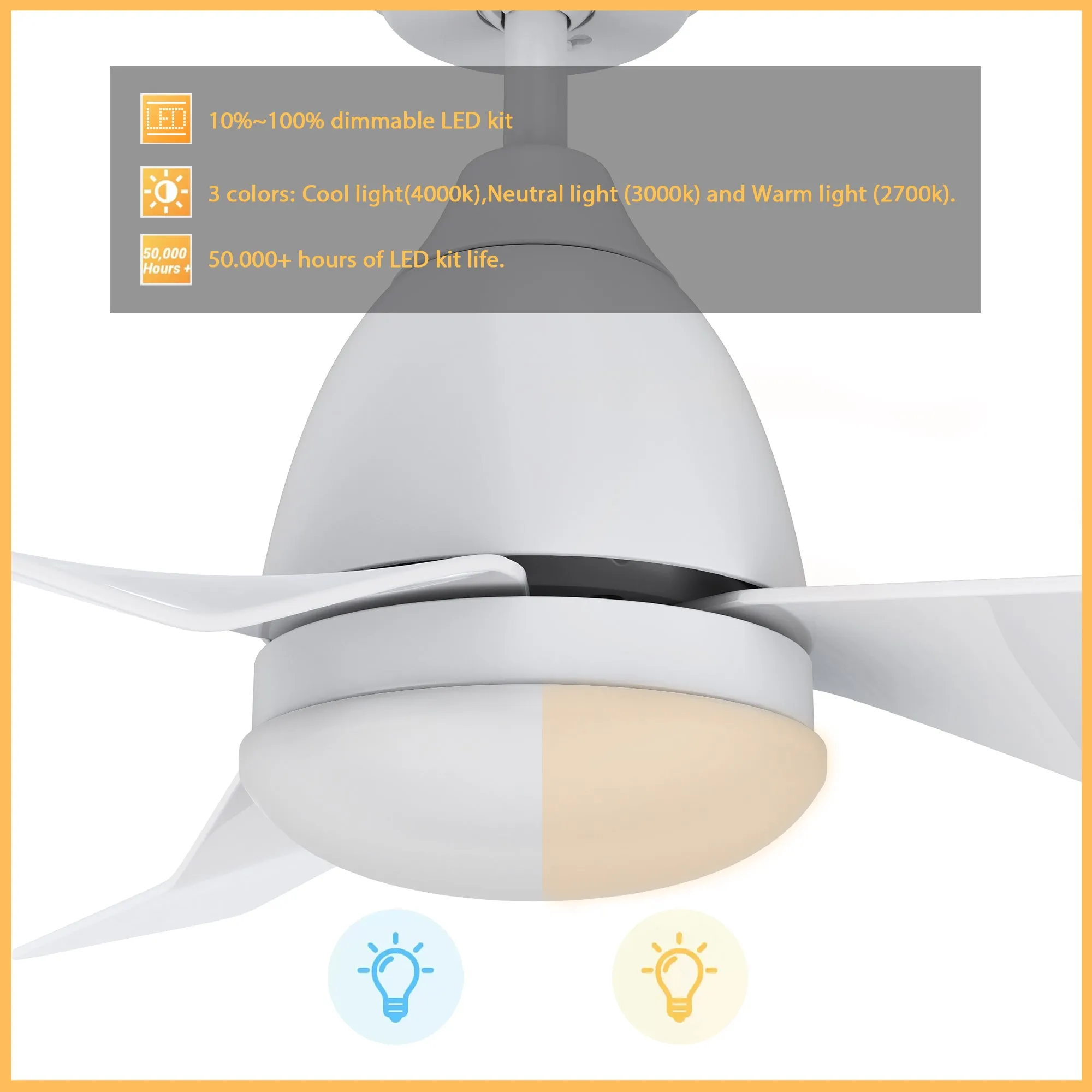 ROQUE 44 inch 3-Blade Smart Ceiling Fan with LED Light Kit & Remote - White/White