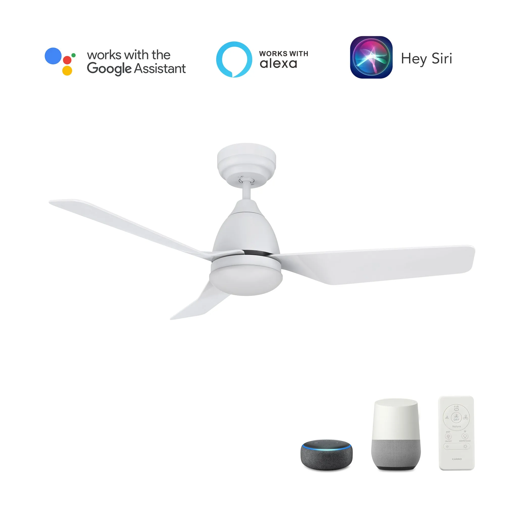 ROQUE 44 inch 3-Blade Smart Ceiling Fan with LED Light Kit & Remote - White/White