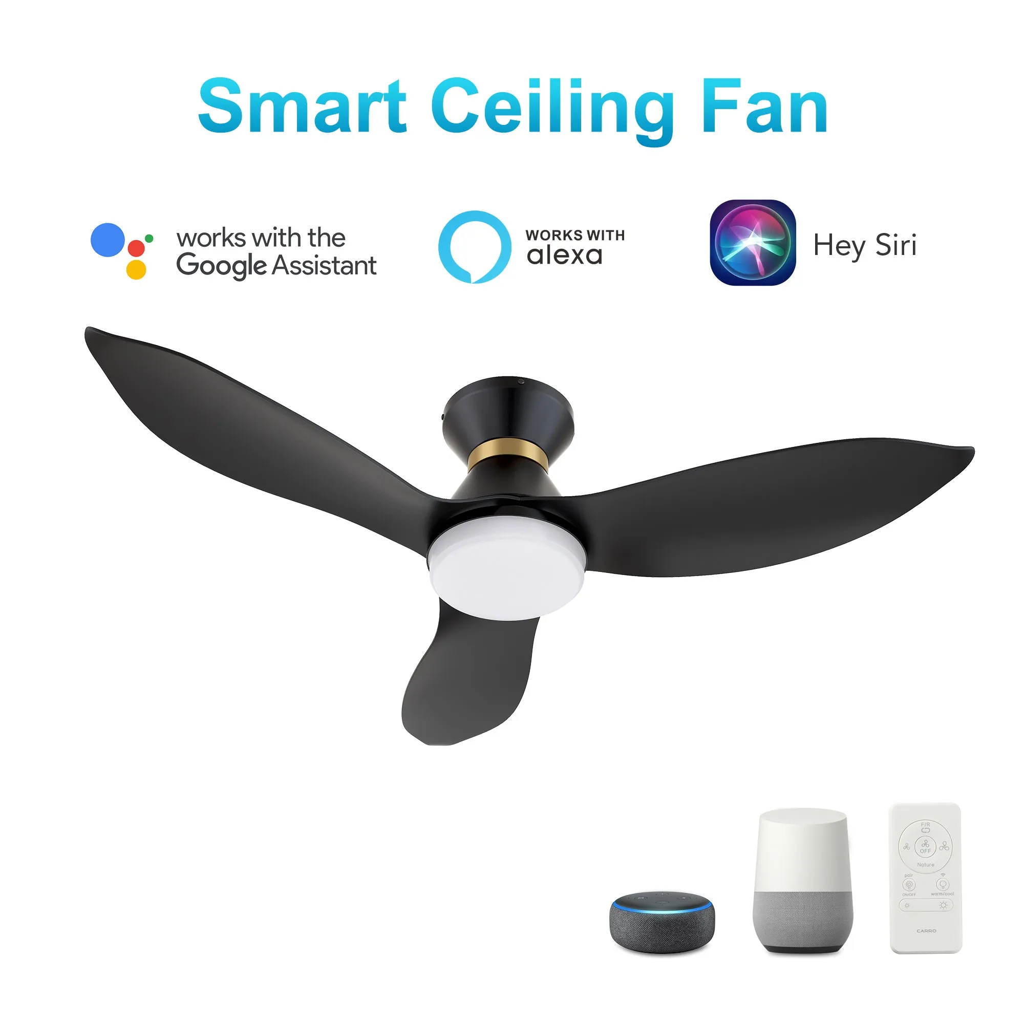 RYATT 45 inch 3-Blade Flush Mount Smart Ceiling Fan with LED Light Kit & Remote- Black/Black (Gold Detail)