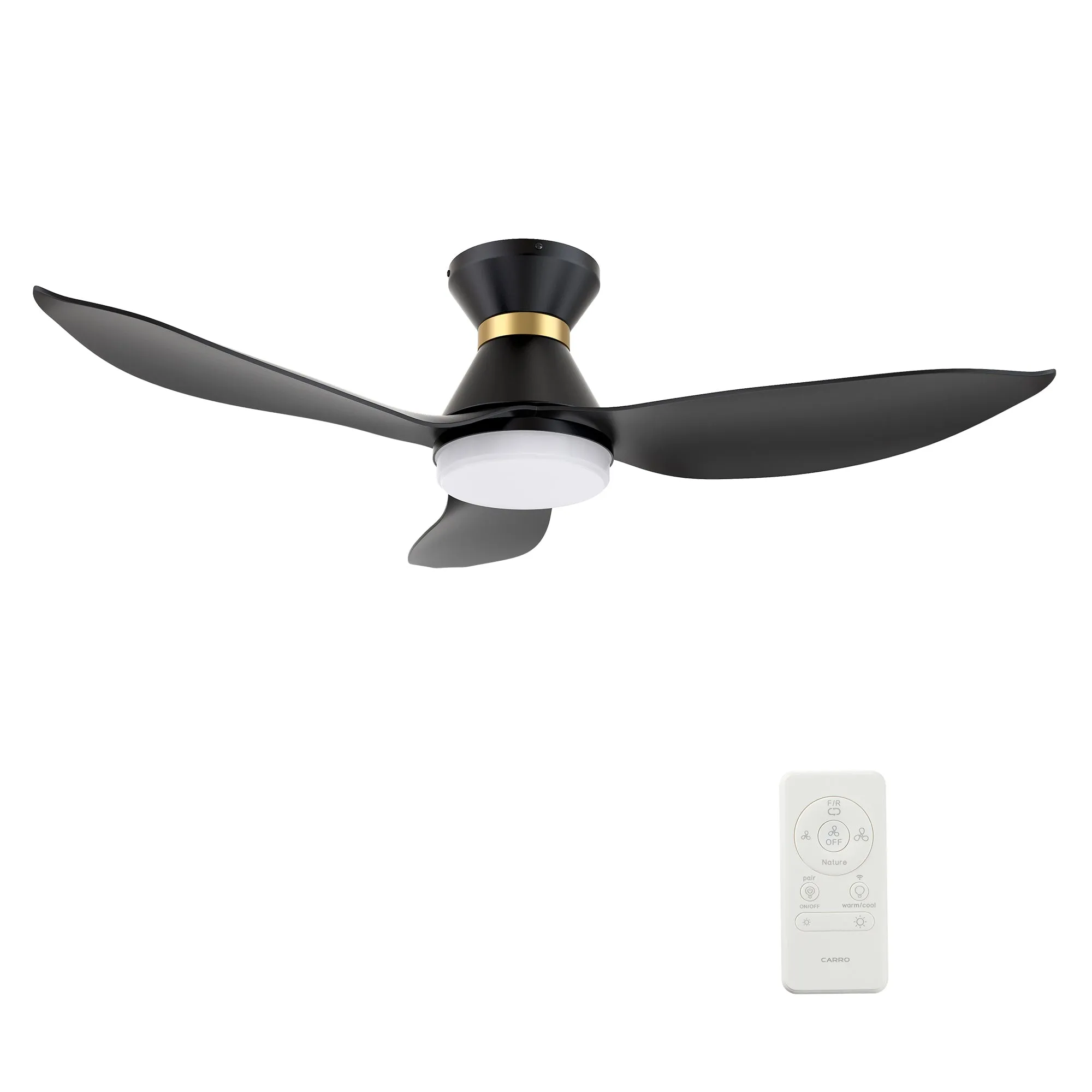 RYATT 45 inch 3-Blade Flush Mount Smart Ceiling Fan with LED Light Kit & Remote- Black/Black (Gold Detail)