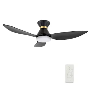 RYATT 45 inch 3-Blade Flush Mount Smart Ceiling Fan with LED Light Kit & Remote- Black/Black (Gold Detail)