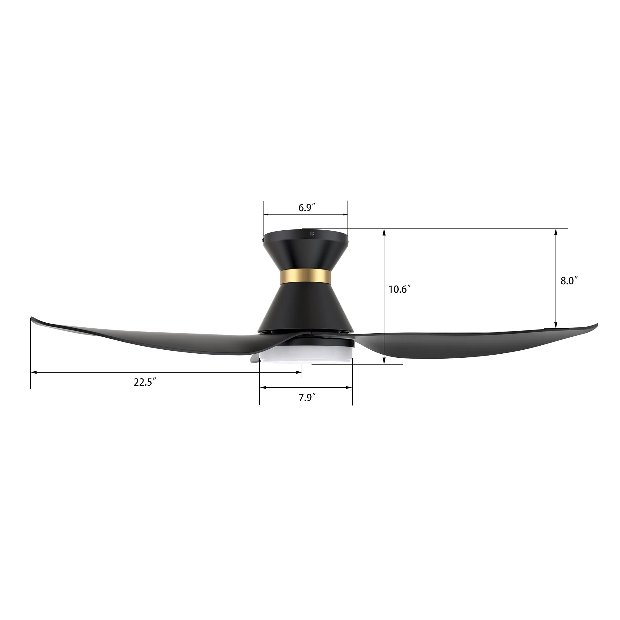 RYATT 45 inch 3-Blade Flush Mount Smart Ceiling Fan with LED Light Kit & Remote- Black/Black (Gold Detail)