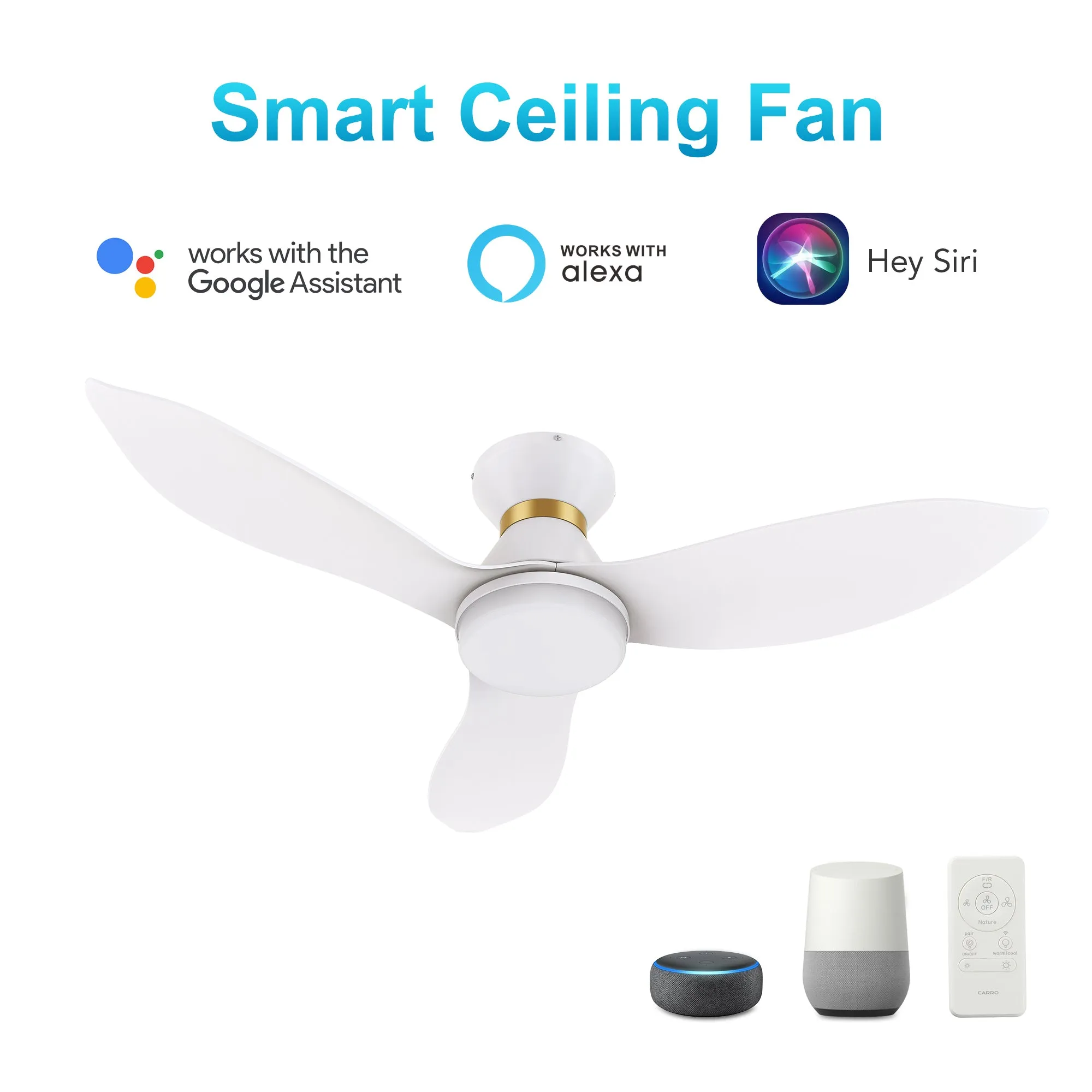 RYATT 45 inch 3-Blade Flush Mount Smart Ceiling Fan with LED Light Kit & Remote- White/White (Gold Detail)