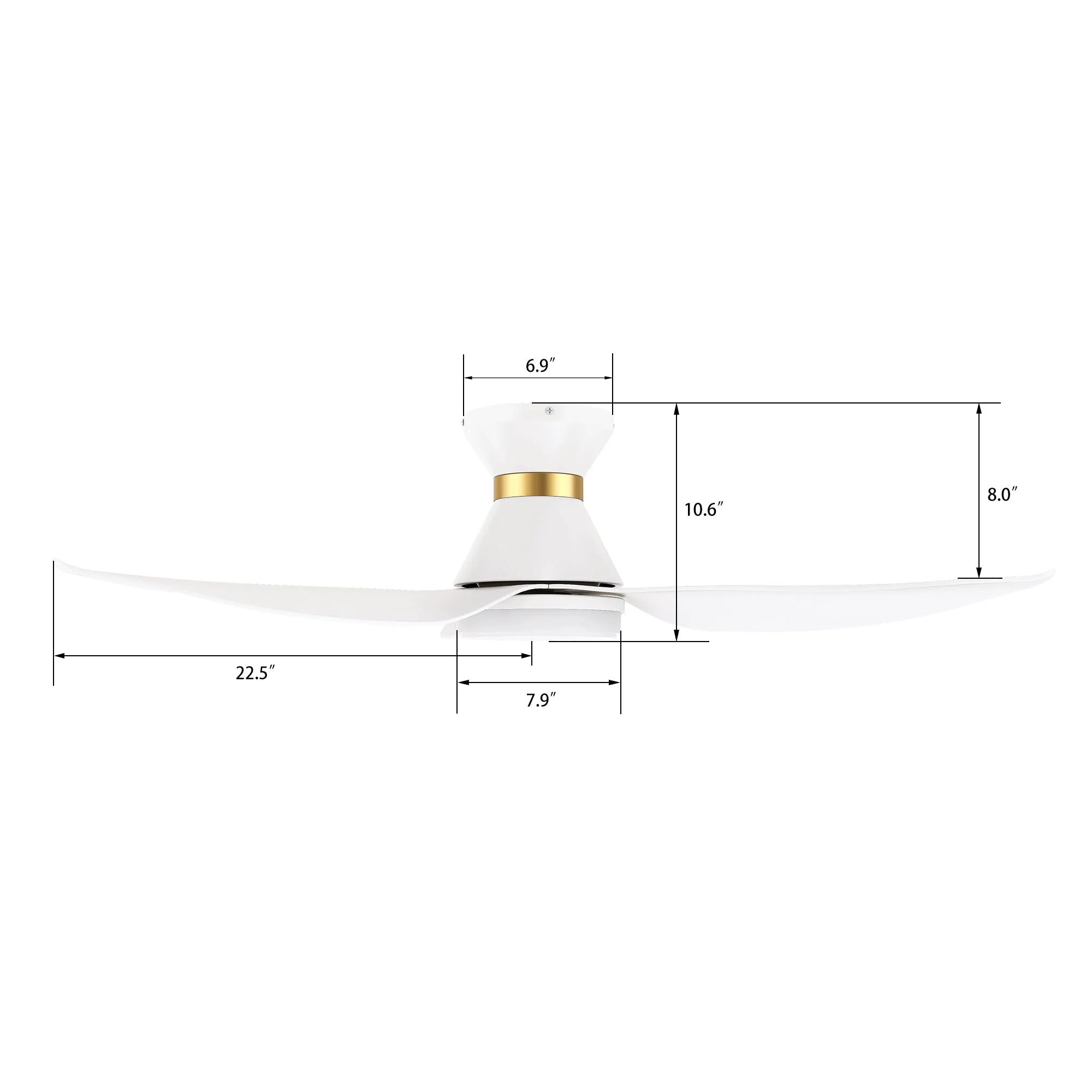 RYATT 45 inch 3-Blade Flush Mount Smart Ceiling Fan with LED Light Kit & Remote- White/White (Gold Detail)