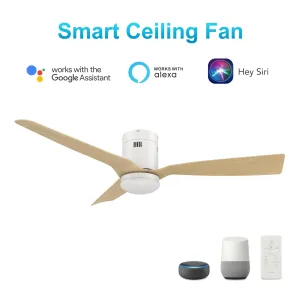 SPEZIA 52 inch 3-Blade Flush Mount Smart Ceiling Fan with LED Light Kit & Remote - White/Bamboo Wood