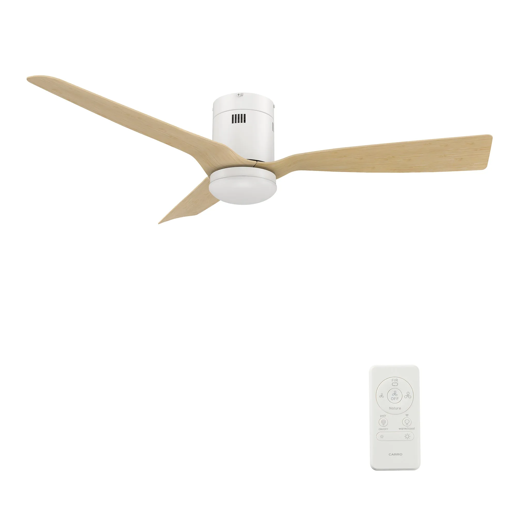 SPEZIA 52 inch 3-Blade Flush Mount Smart Ceiling Fan with LED Light Kit & Remote - White/Bamboo Wood