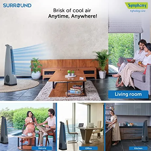 Symphony Surround High Speed Bladeless Technology Tower Fan for Home With Swivel Action, Dust Filter, and Low Power Consumption (Grey)