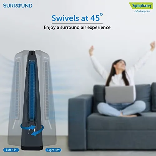 Symphony Surround High Speed Bladeless Technology Tower Fan for Home With Swivel Action, Dust Filter, and Low Power Consumption (Grey)