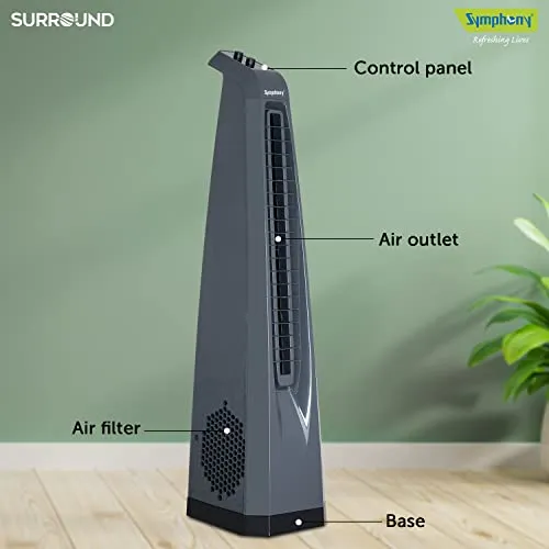 Symphony Surround High Speed Bladeless Technology Tower Fan for Home With Swivel Action, Dust Filter, and Low Power Consumption (Grey)