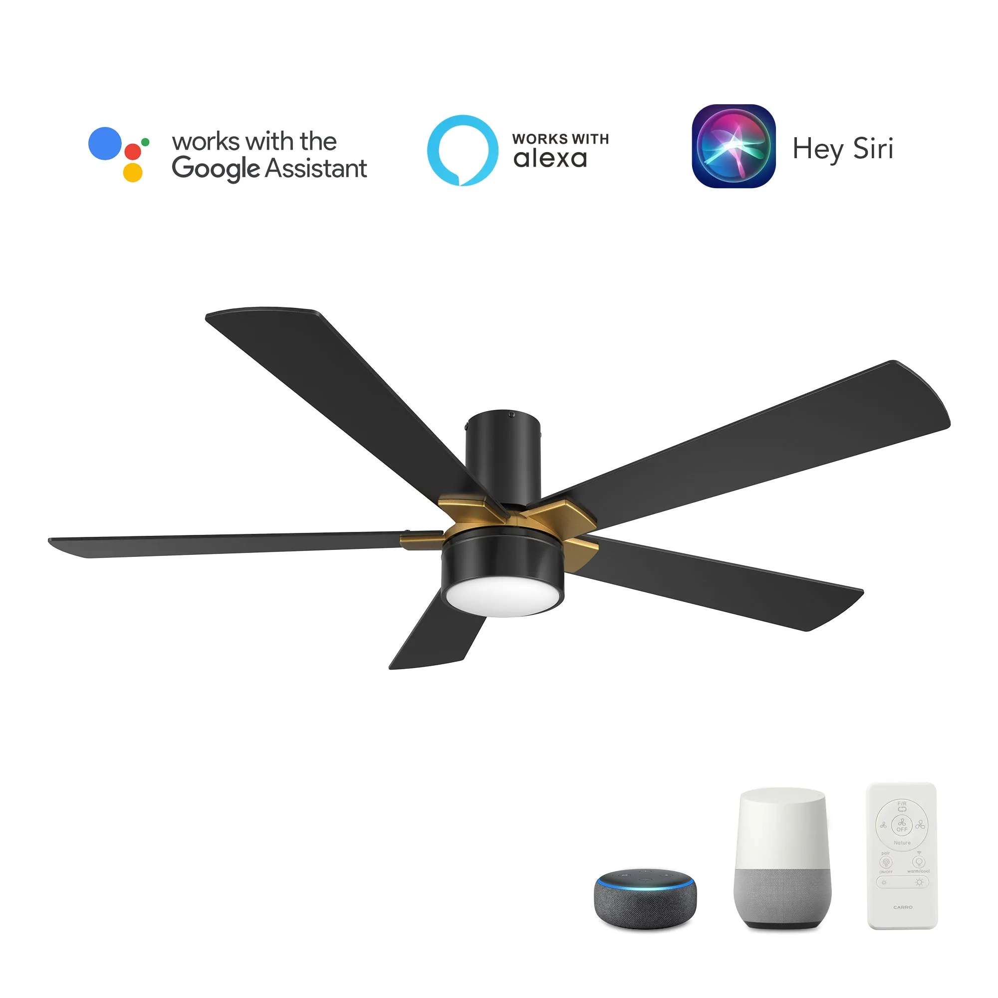 WICHITA 52 inch 5-Blade Flush Mount Smart Ceiling Fan with LED Light Kit & Remote- Black/Black