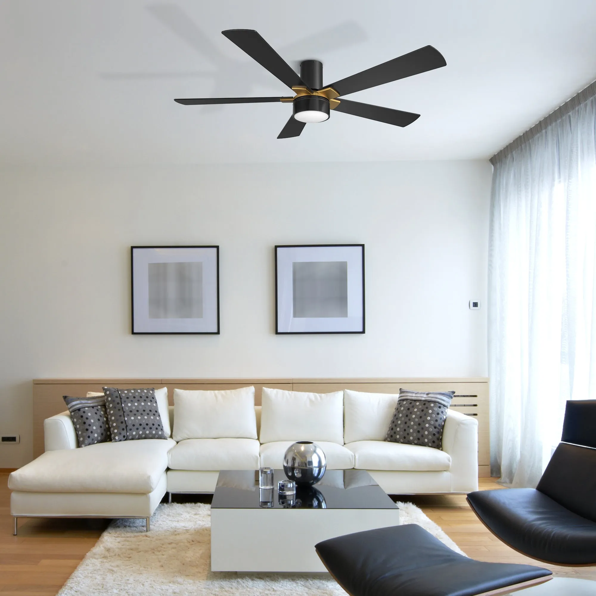 WICHITA 52 inch 5-Blade Flush Mount Smart Ceiling Fan with LED Light Kit & Remote- Black/Black