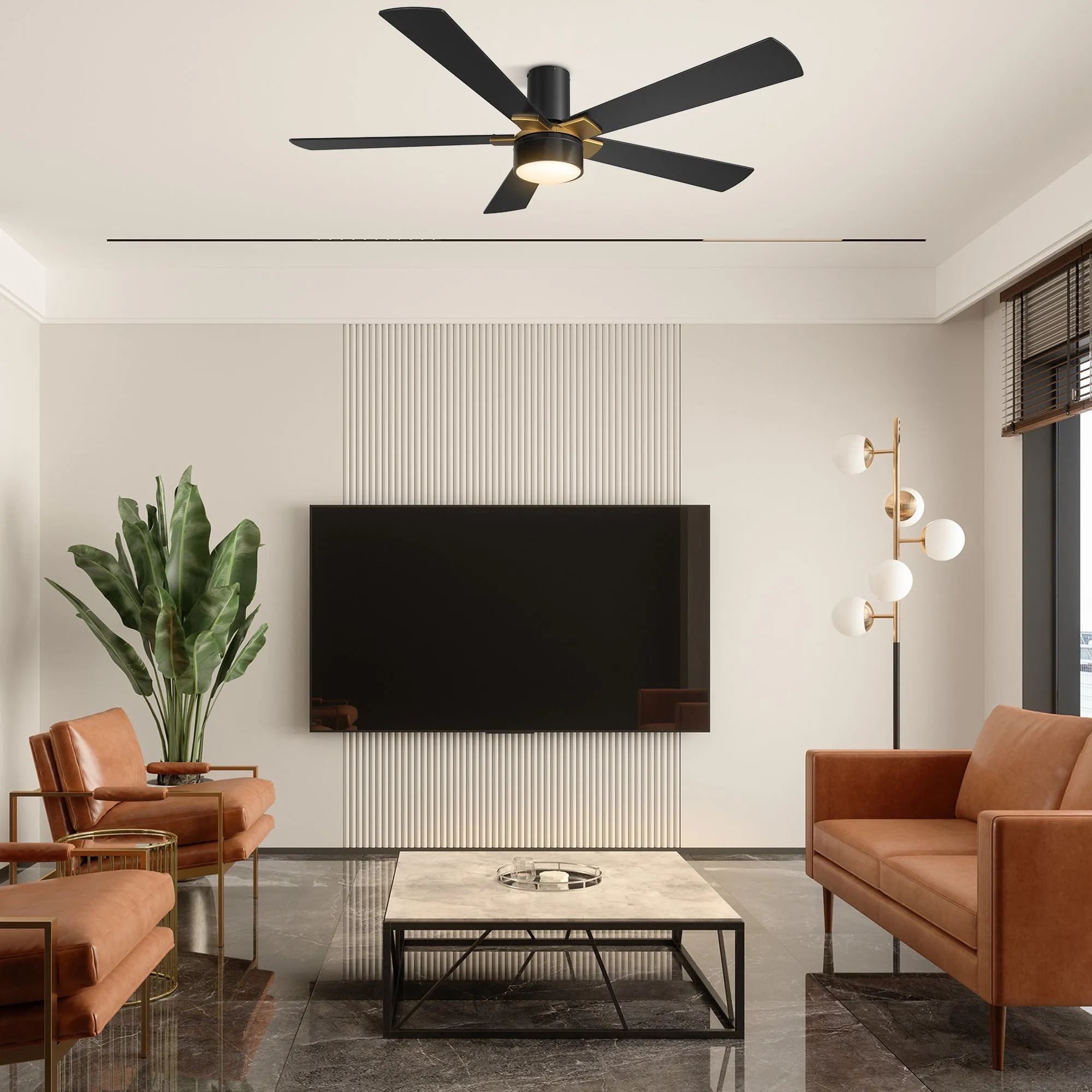 WICHITA 52 inch 5-Blade Flush Mount Smart Ceiling Fan with LED Light Kit & Remote- Black/Black