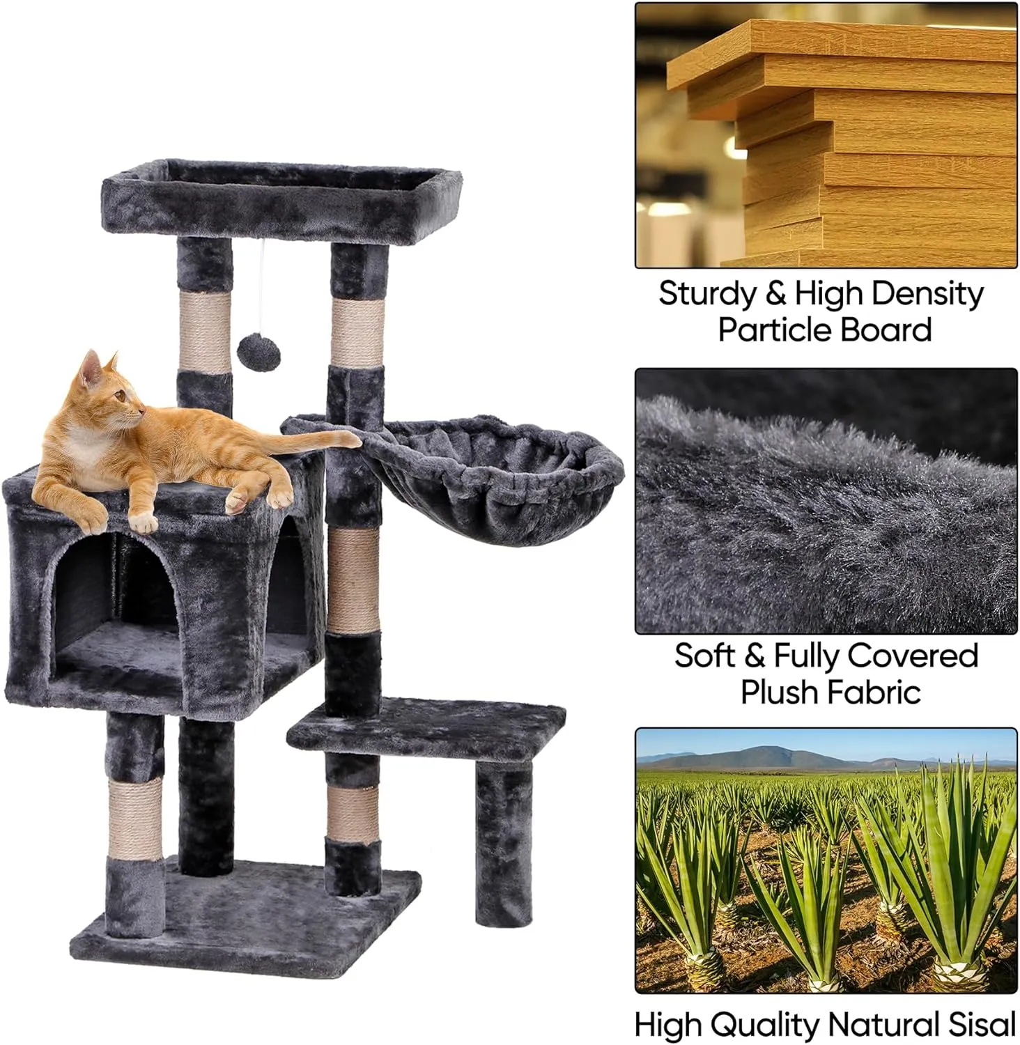 ZENY™ 35.5 Inch Cat Tree for Indoor Cats, Multi-Level Cat Condo Tower with Large Top Perch, Hammock and Scratching Posts, Dark Grey